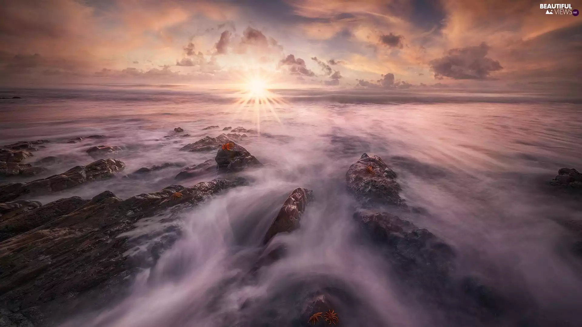 sea, rays of the Sun, Great Sunsets, rocks