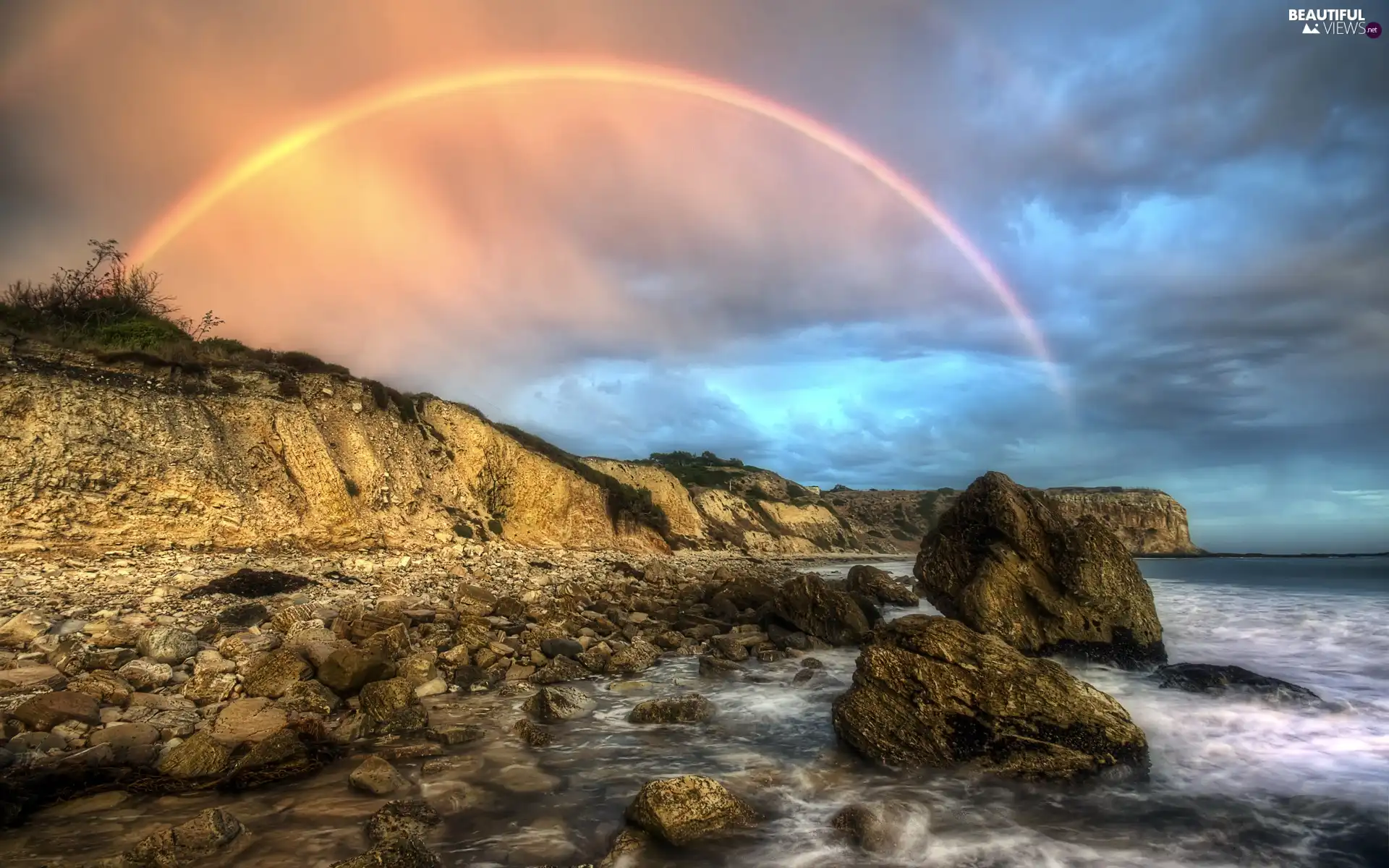 Great Rainbows, sea, rocks