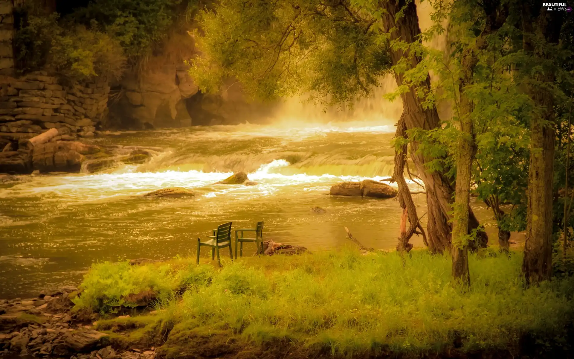 River, Fog, rocks, forest