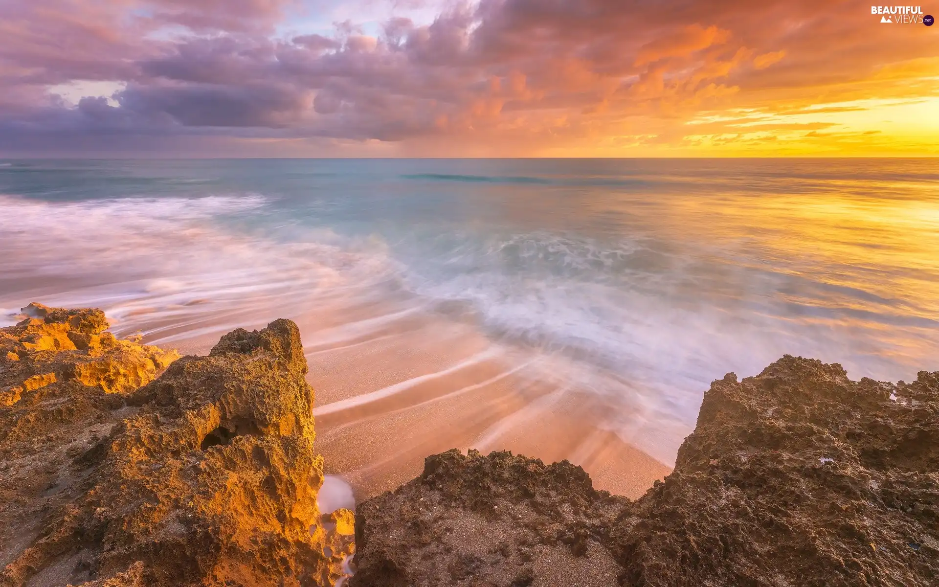 sea, Sunrise, clouds, rocks