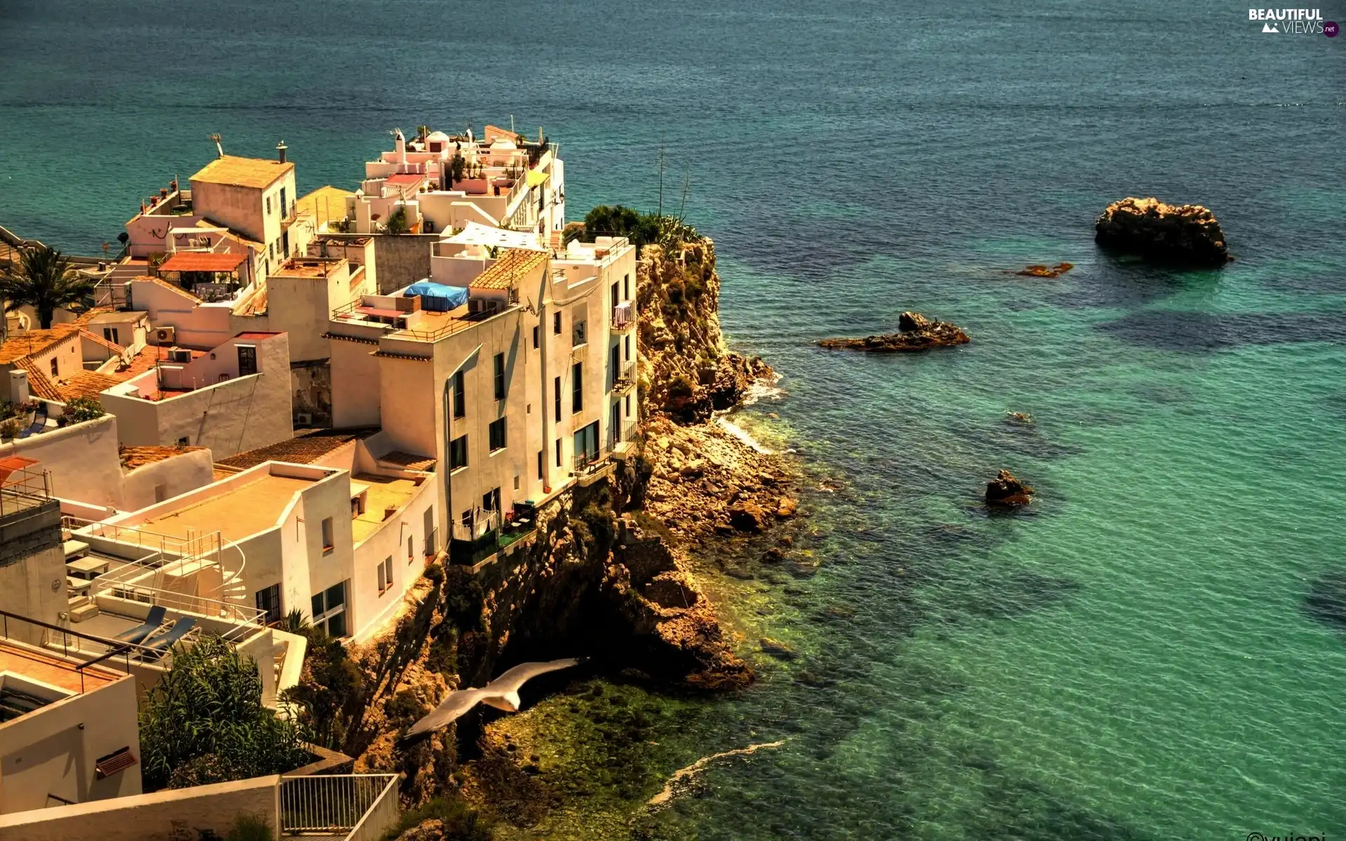 rocks, Houses, sea