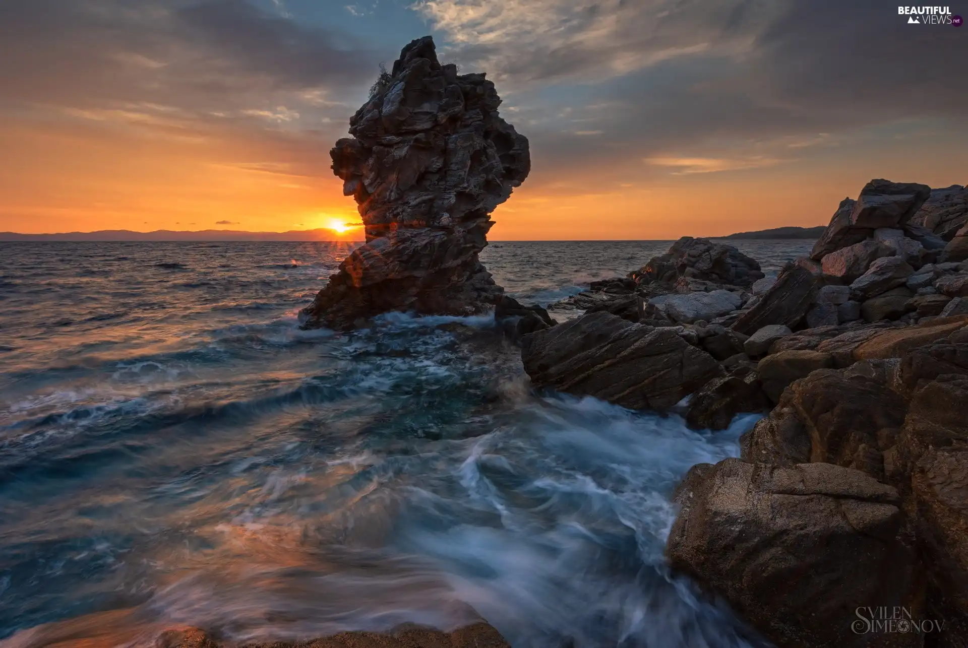clouds, Great Sunsets, Rocks, rocks, sea