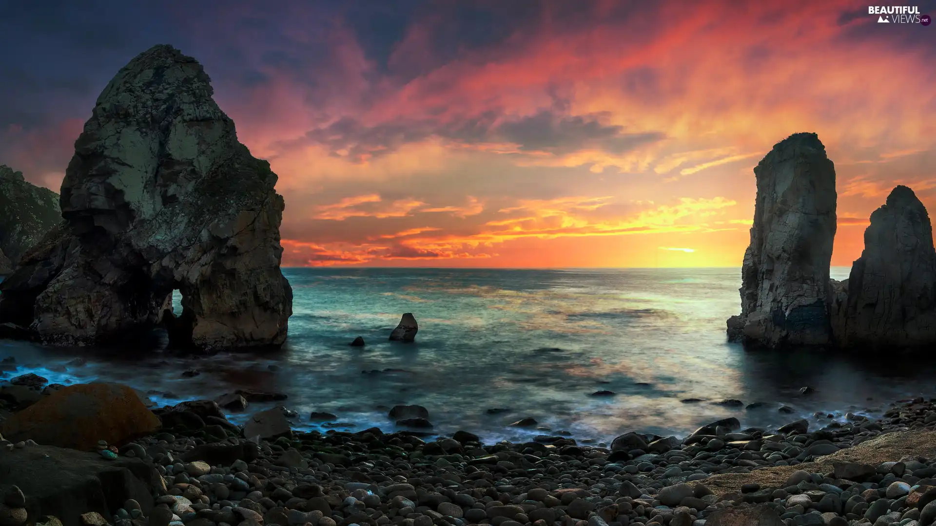 coast, Great Sunsets, rocks, Stones, sea