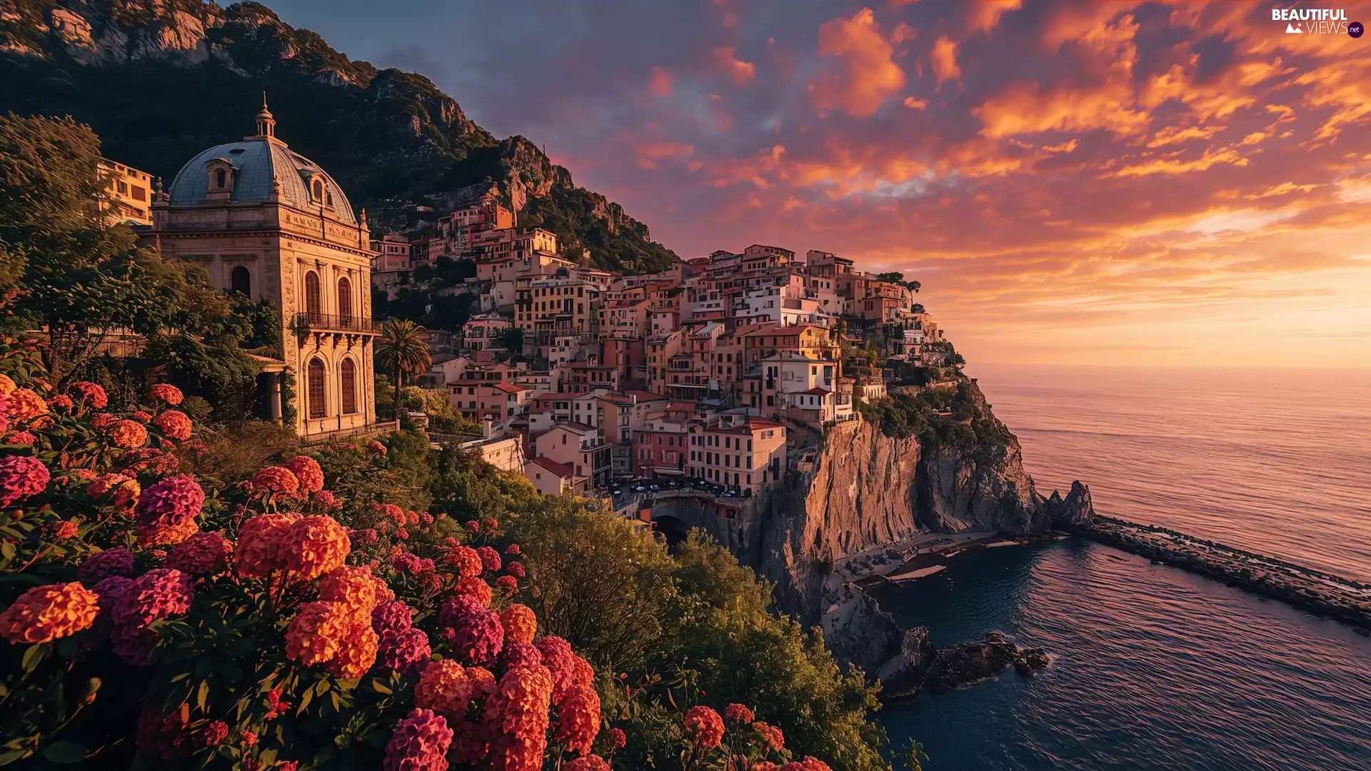 Flowers, Great Sunsets, rocks, Houses, sea