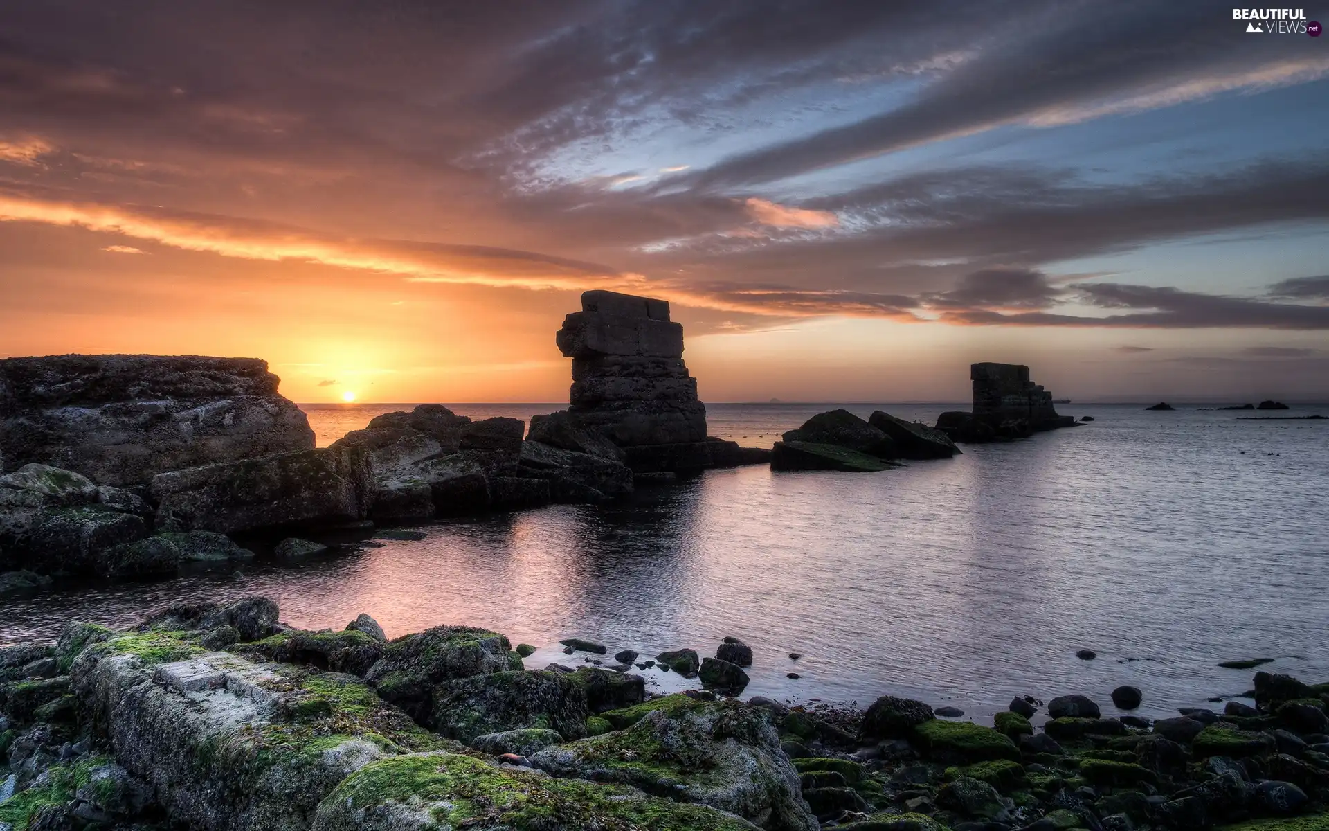 sea, Great Sunsets, rocks, Gulf