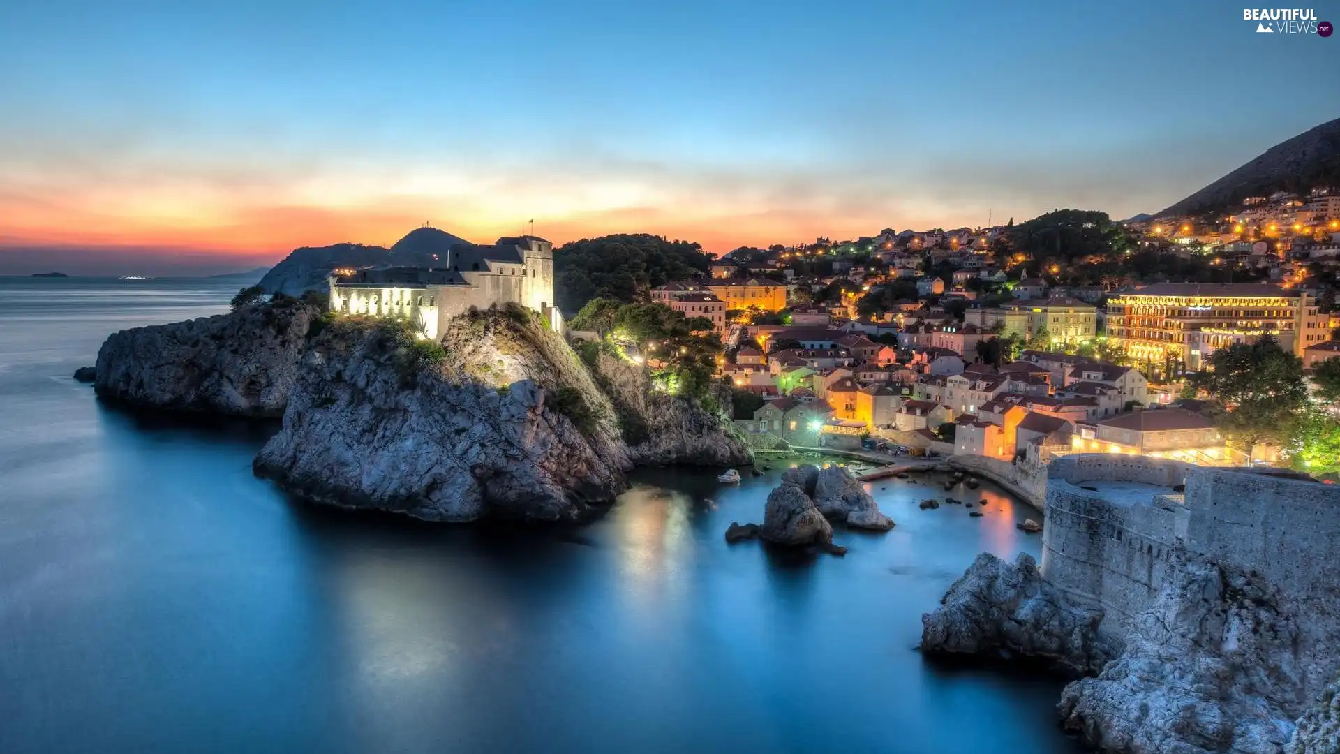 rocks, Town, sea