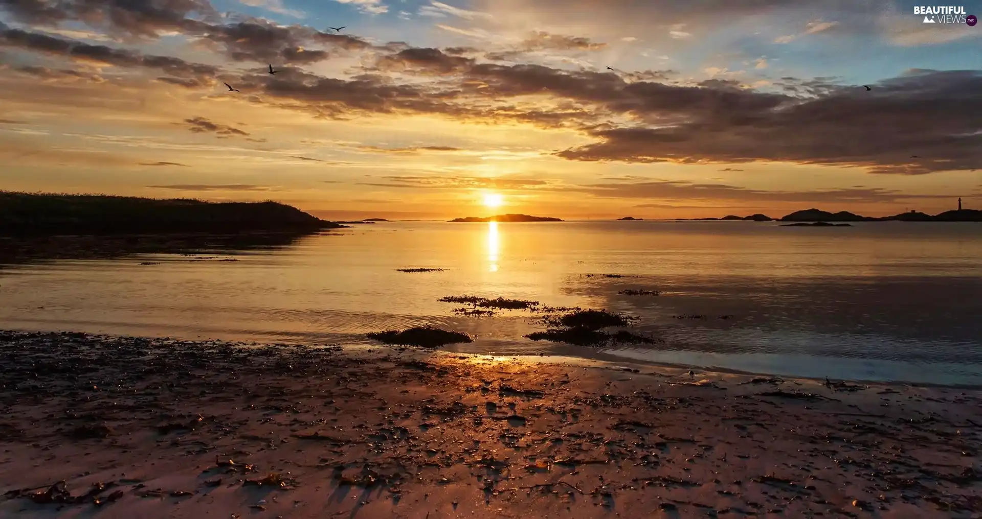 sea, west, rocks, Sky, Sand, sun