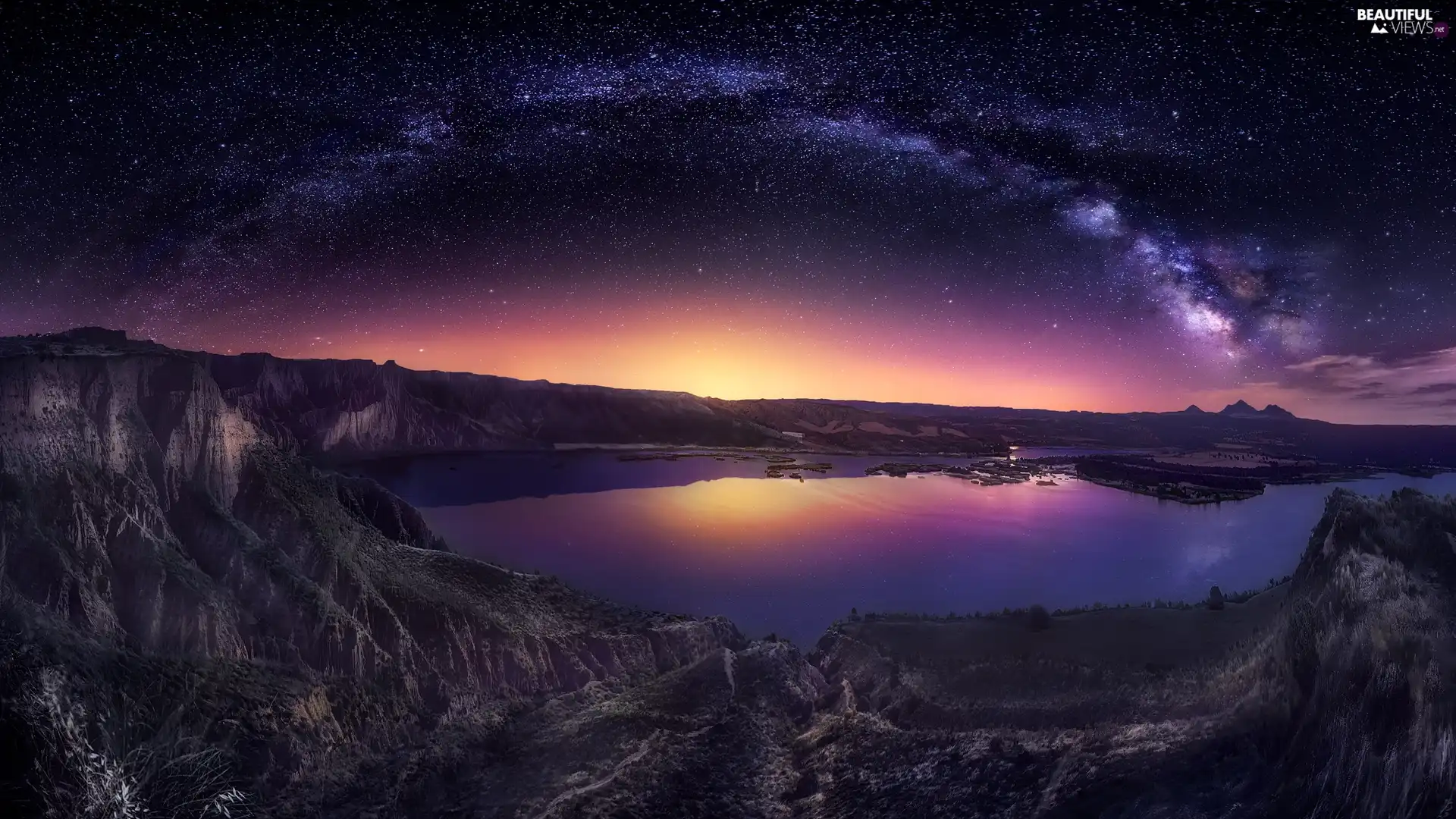 Night, star, Star way, Mountains, Sky, lake, rocks