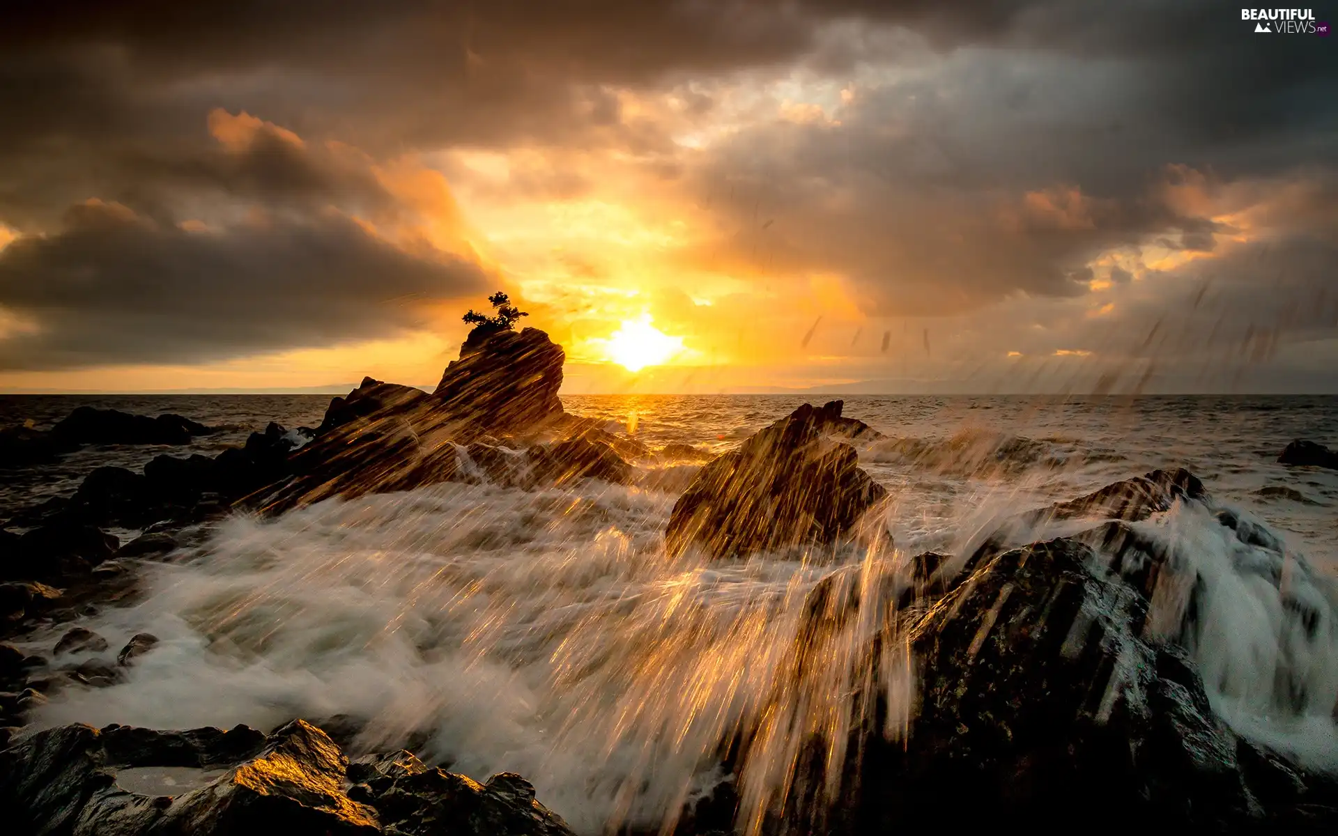 rocks, sea, Stones, Waves, clouds, Great Sunsets