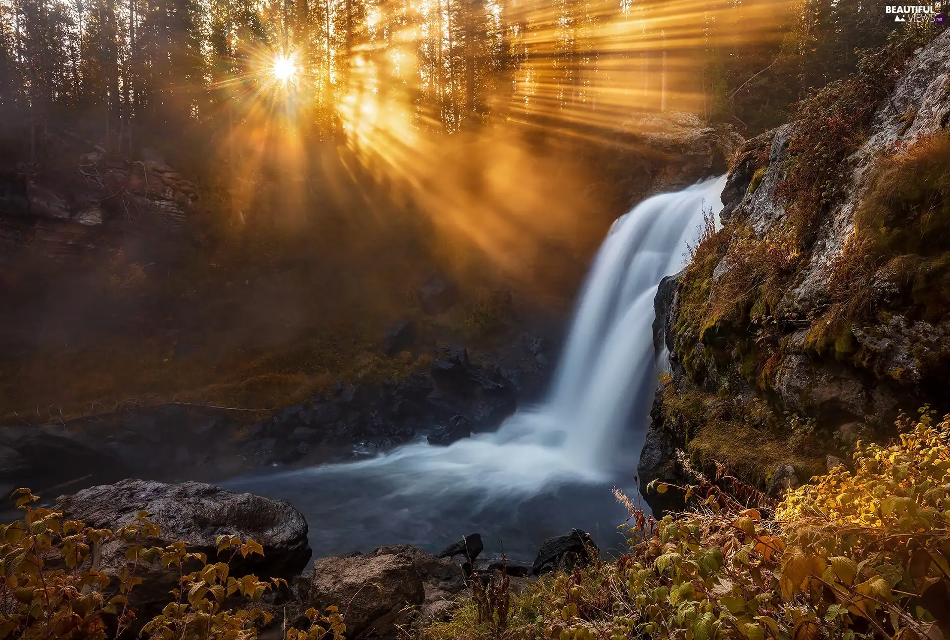 Rocks, waterfall, viewes, rays of the Sun, trees, River