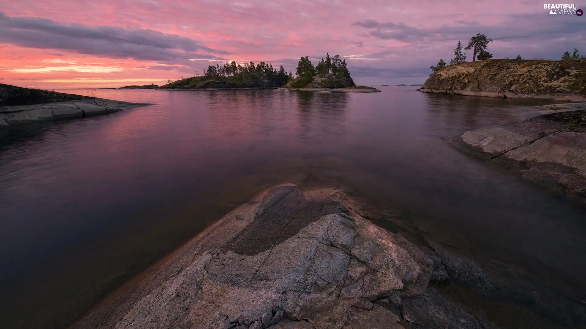 rocks, Lake Ladoga, trees, viewes, Karelia, Russia, Islets, Sunrise, clouds