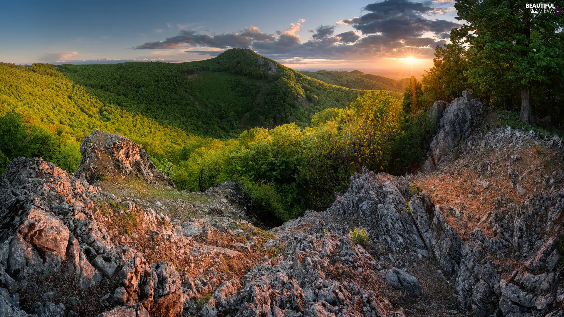 rocks, The Hills, viewes, Mountains, Great Sunsets, trees, clouds