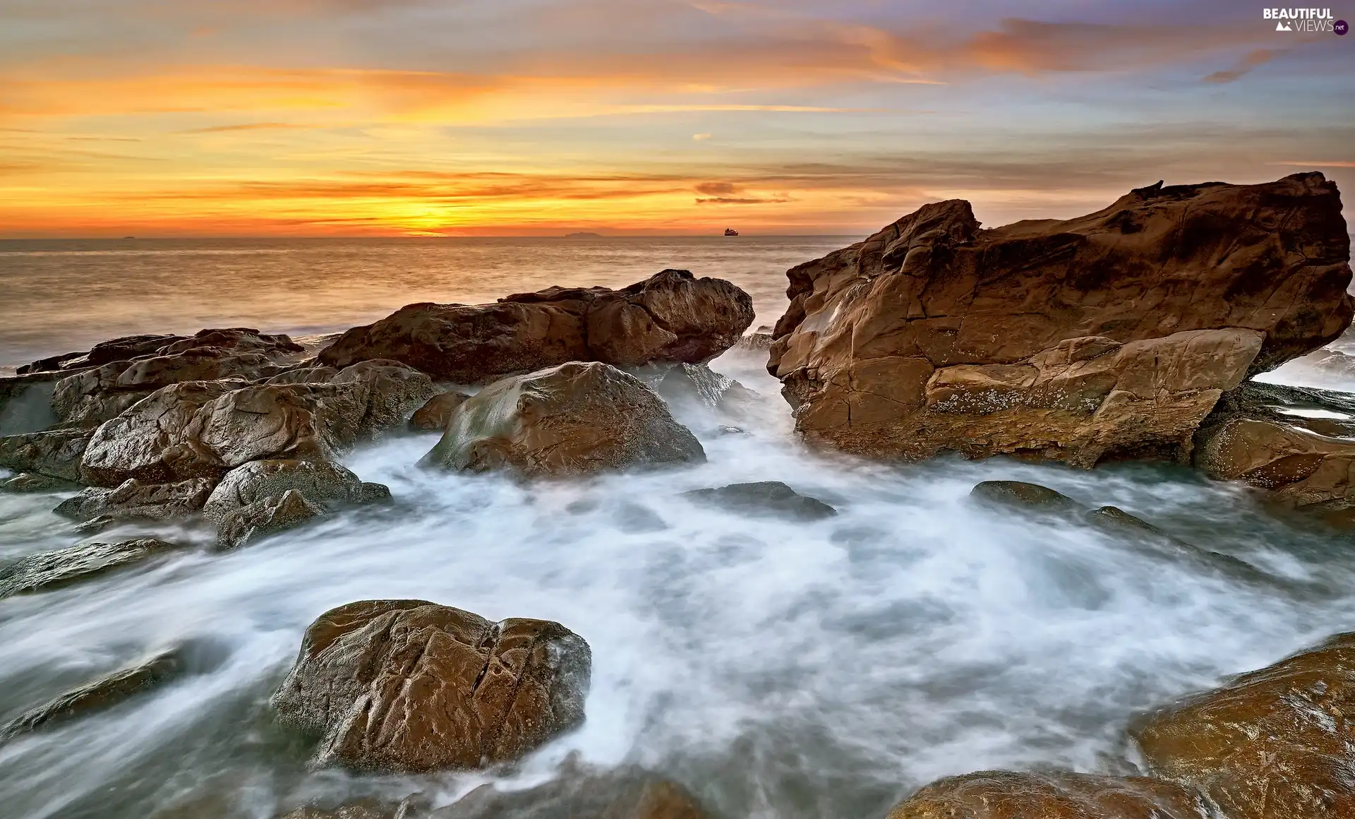 Ship, horizon, sea, rocks, Great Sunsets