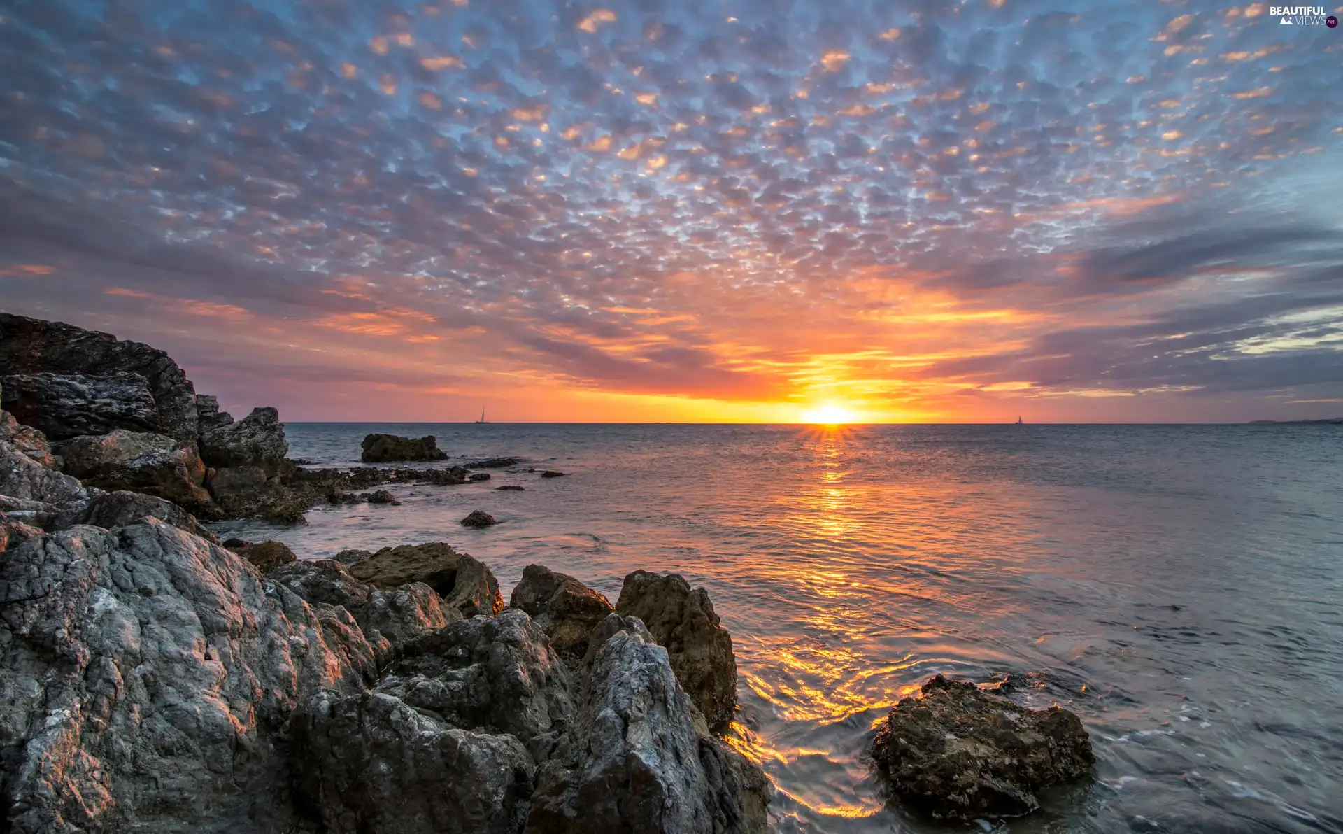 Sky, clouds, sea, rocks, Great Sunsets