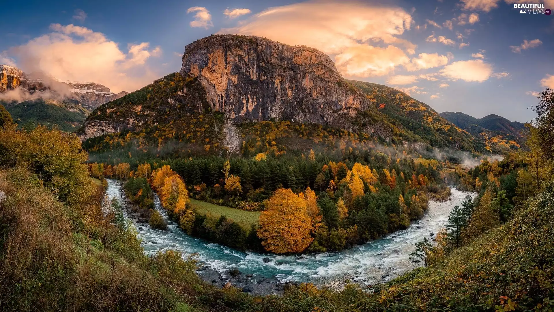 River, Mountains, viewes, rocks, autumn, trees, Plants