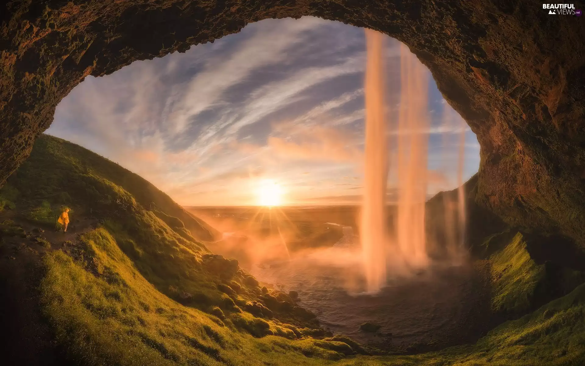 iceland, Seljalandsfoss Waterfall, rays of the Sun, rocks