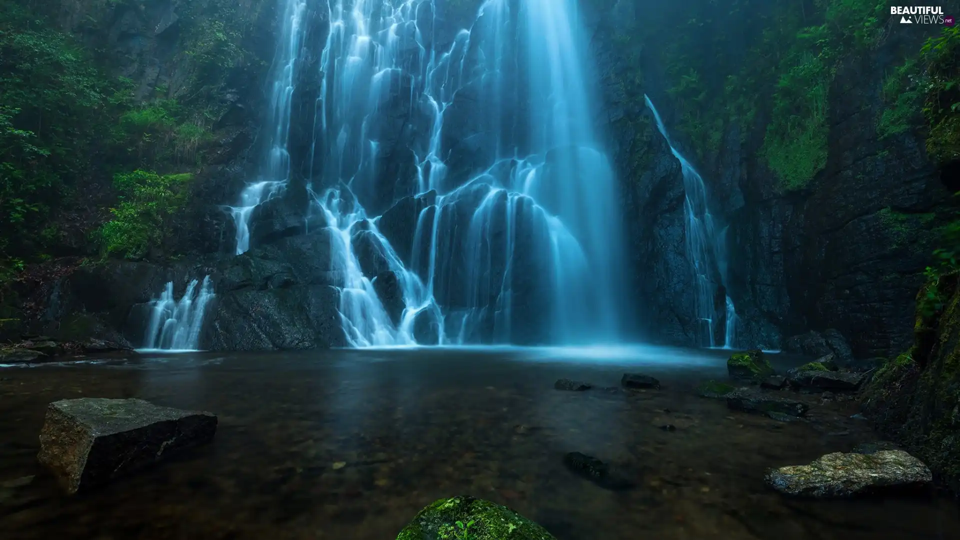 waterfall, Plants, Stones, rocks