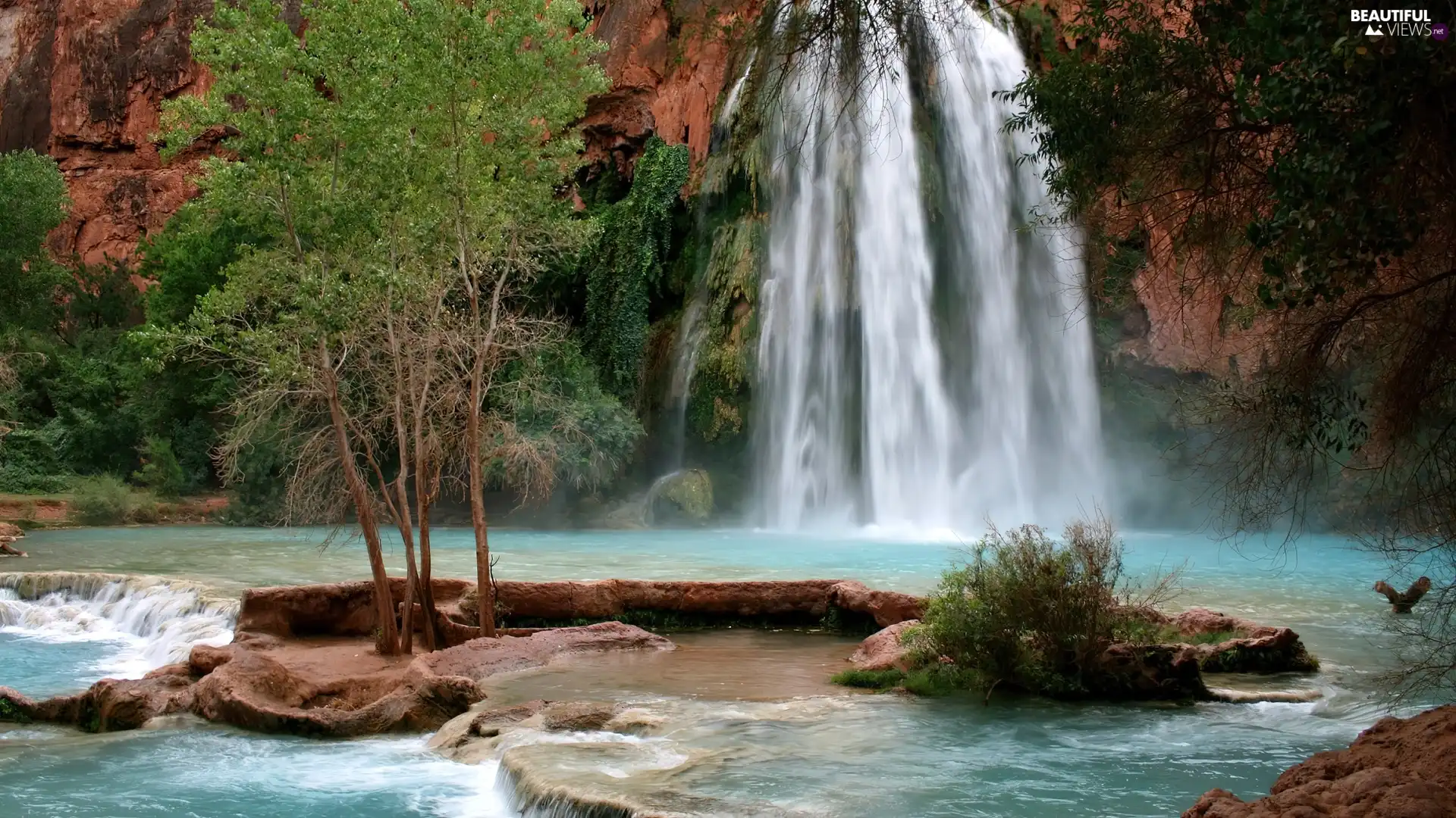 trees, waterfall, rocks, Arizona, viewes, Havasu