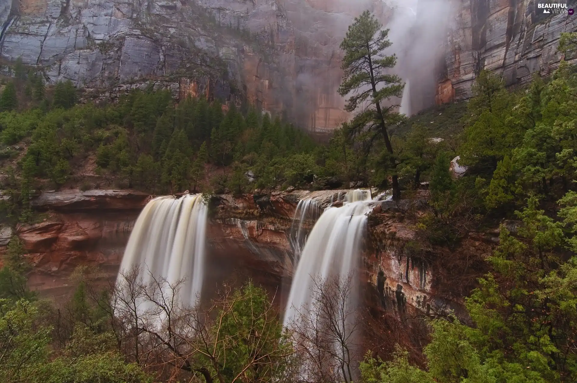 waterfall, viewes, rocks, trees