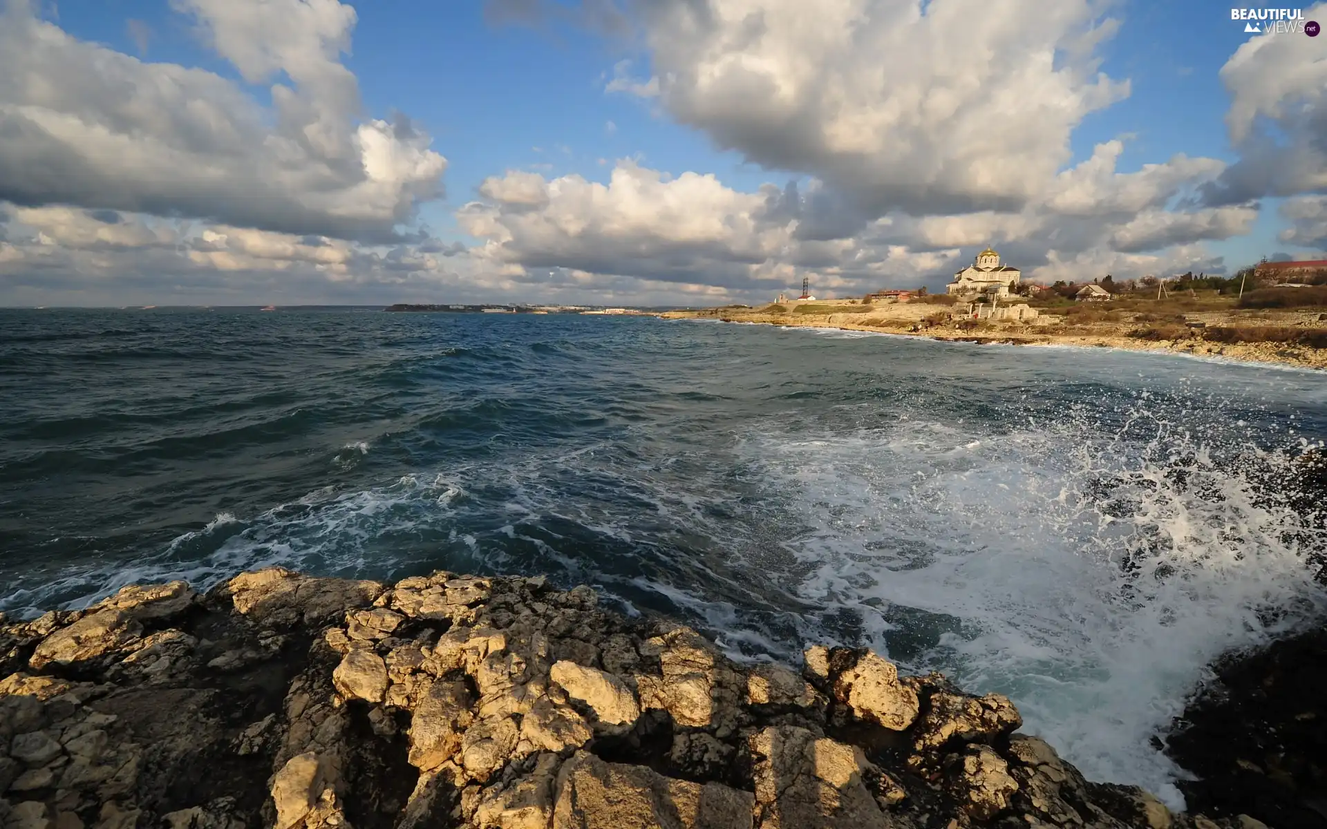 rocks, sea, Waves