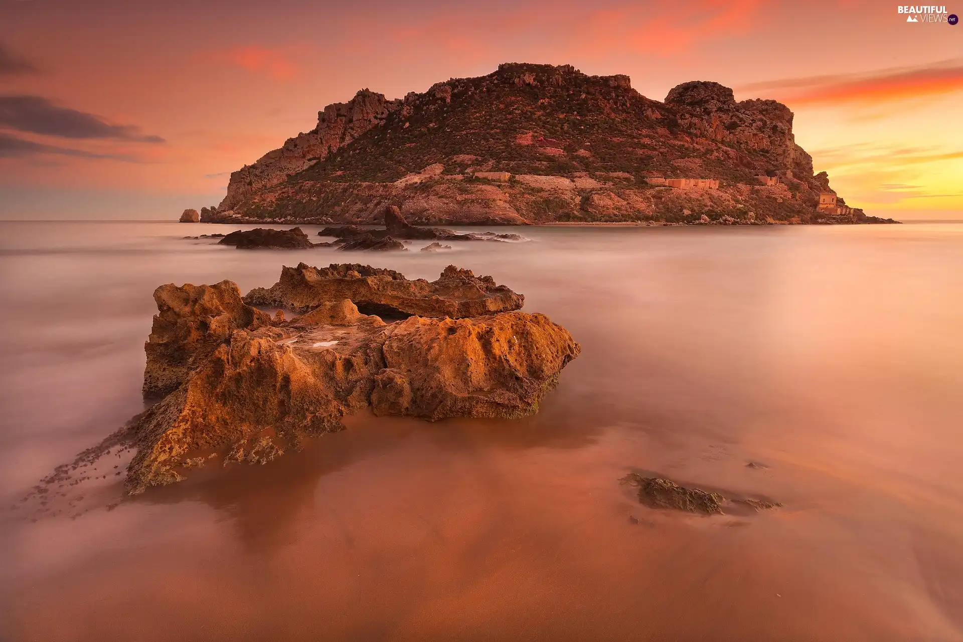 west, sea, rocks, sun