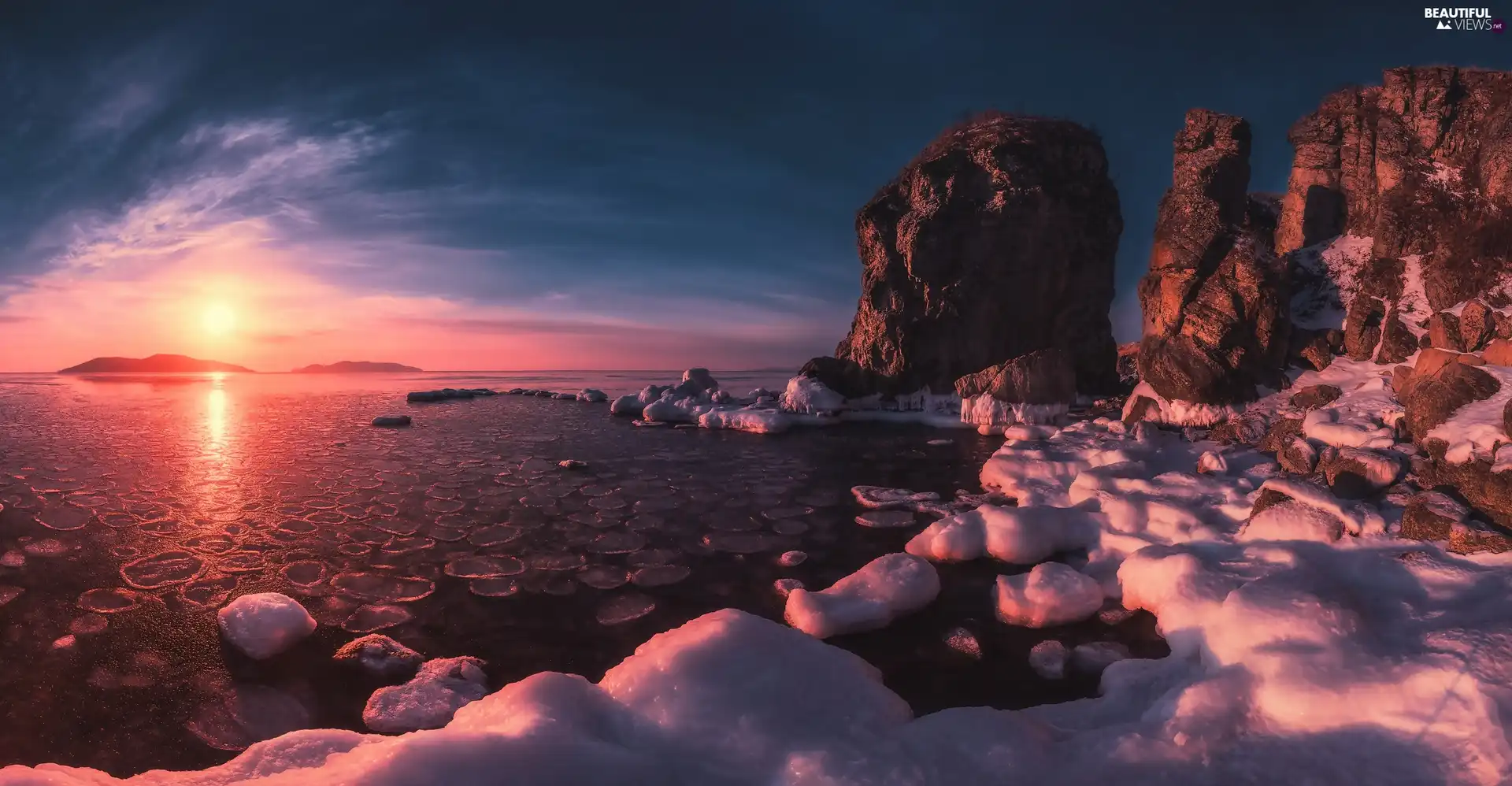 Great Sunsets, winter, rocks, Japanese Sea, Coast