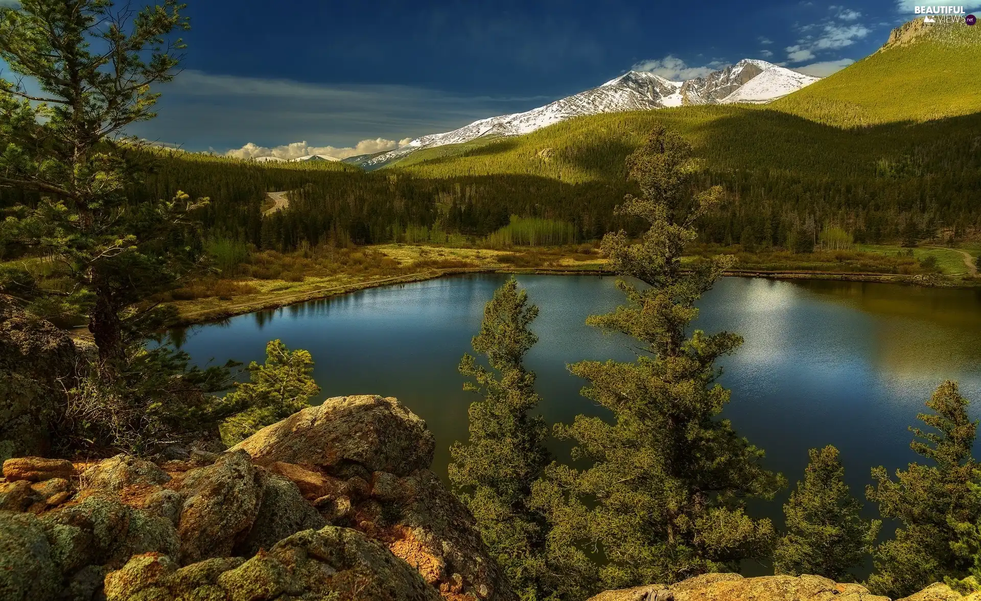 lake, Mountains, viewes, rocks, trees, woods