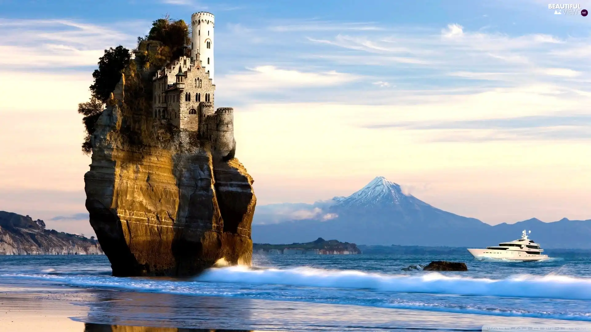 Yacht, Mountains, Rocks, sea