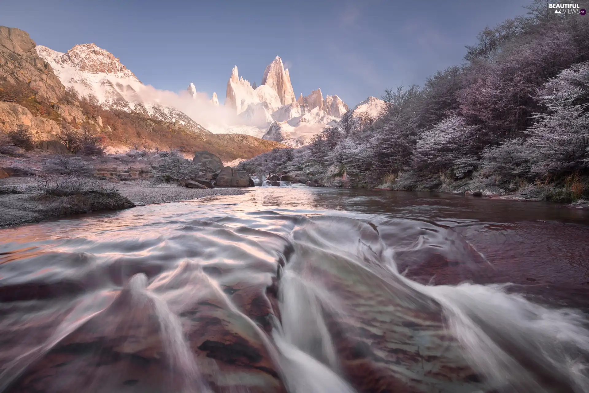 Fitz Roy Mountain, River, trees, Patagonia, viewes, Mountains, rocks ...