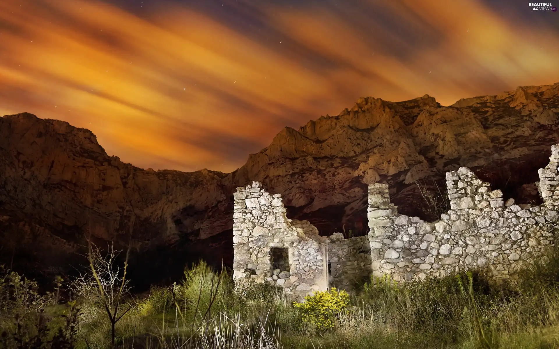 west, Mountains, ruins, sun