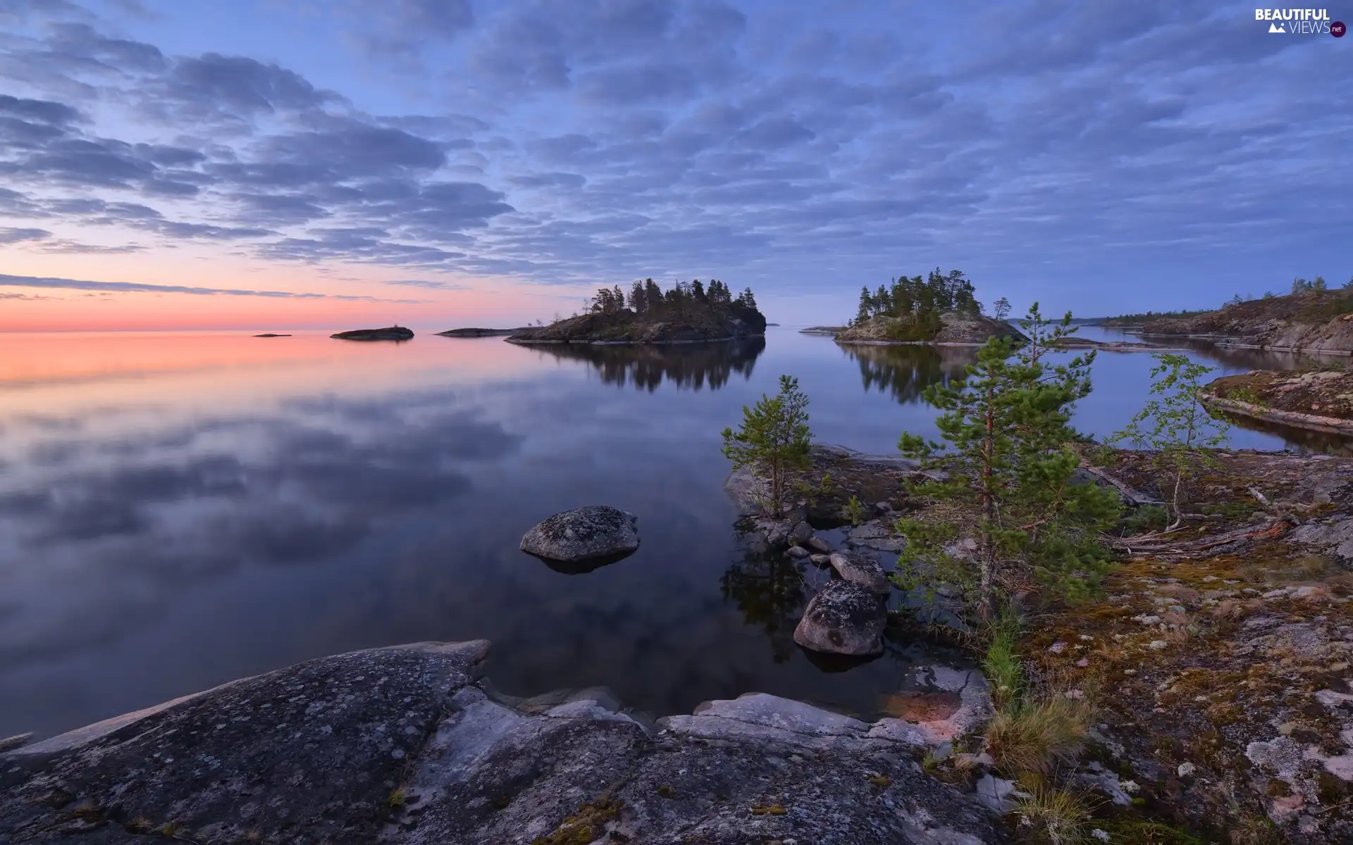 Islets, Lake Ladoga, rocks, trees, Karelia, Russia, clouds, Great Sunsets, viewes