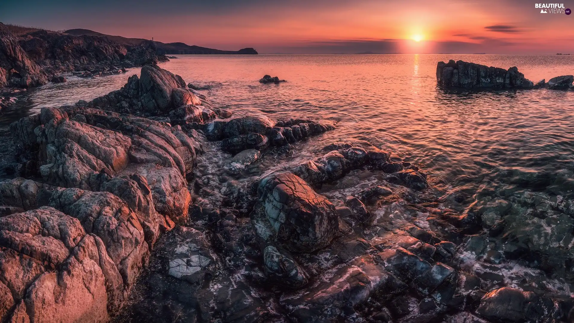 rocks, Coast, Seaside, Russia, Sunrise, Japanese Sea