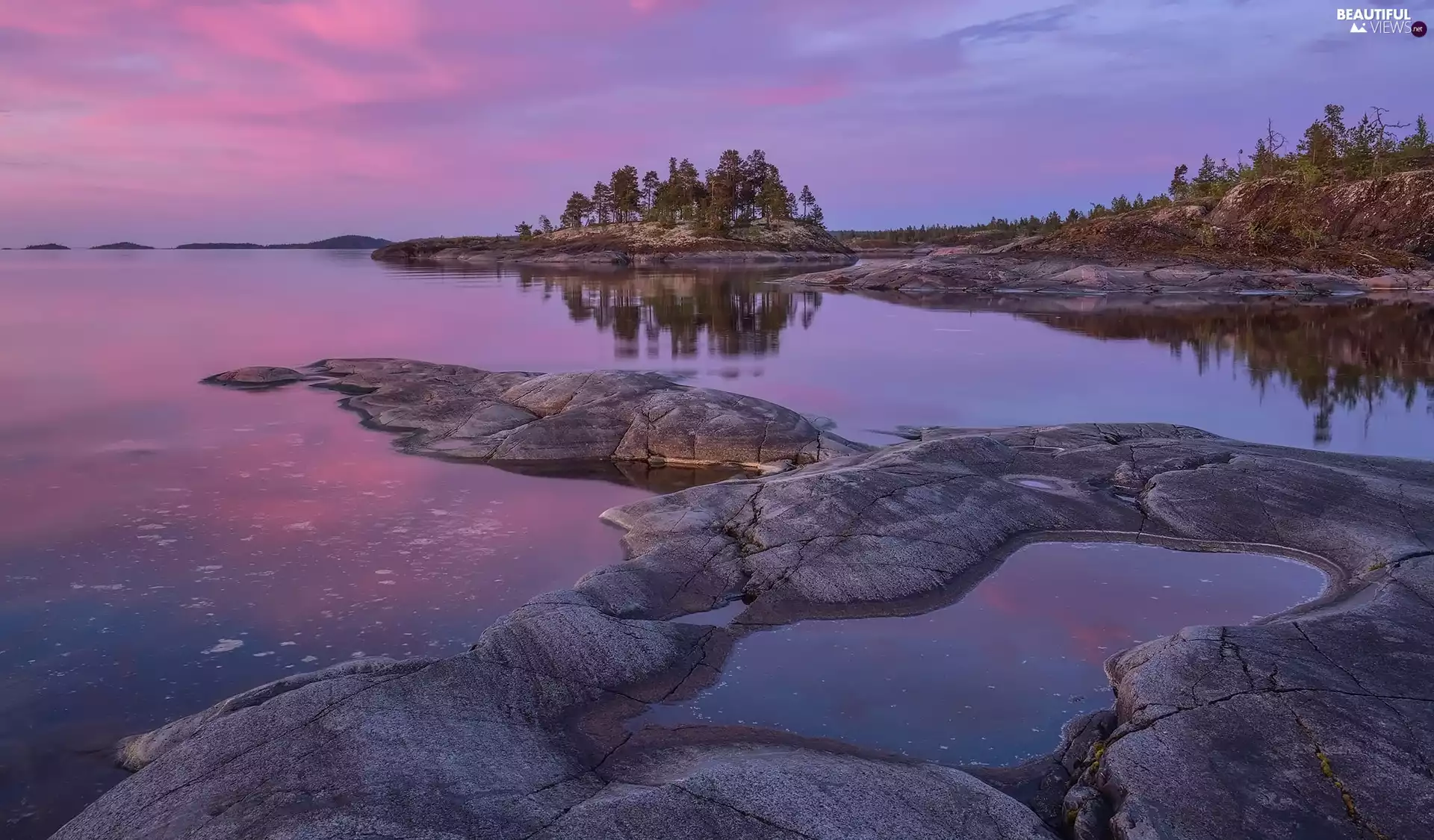 viewes, rocks, Sky, trees, Lake Ladoga, Pinkish, Russia