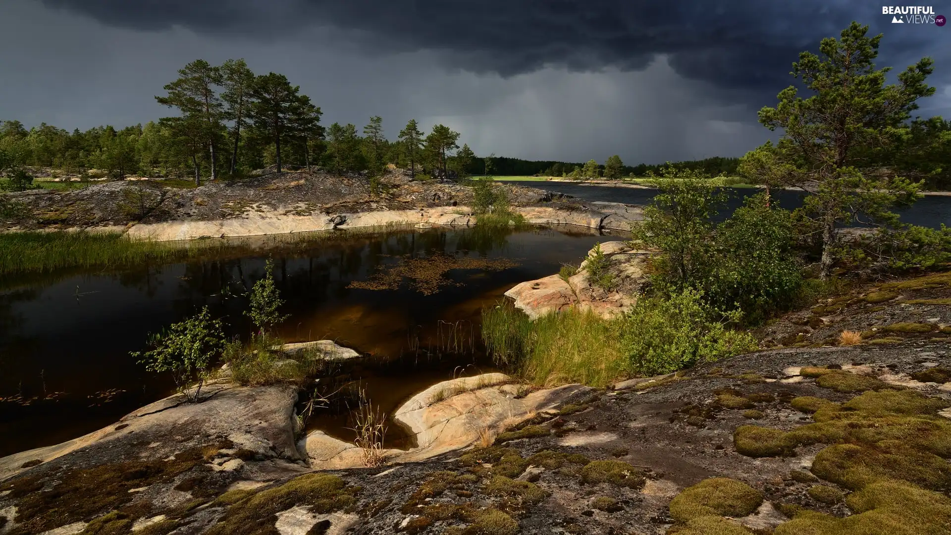 rocks, Ladoga, viewes, Russia, lake, trees, clouds