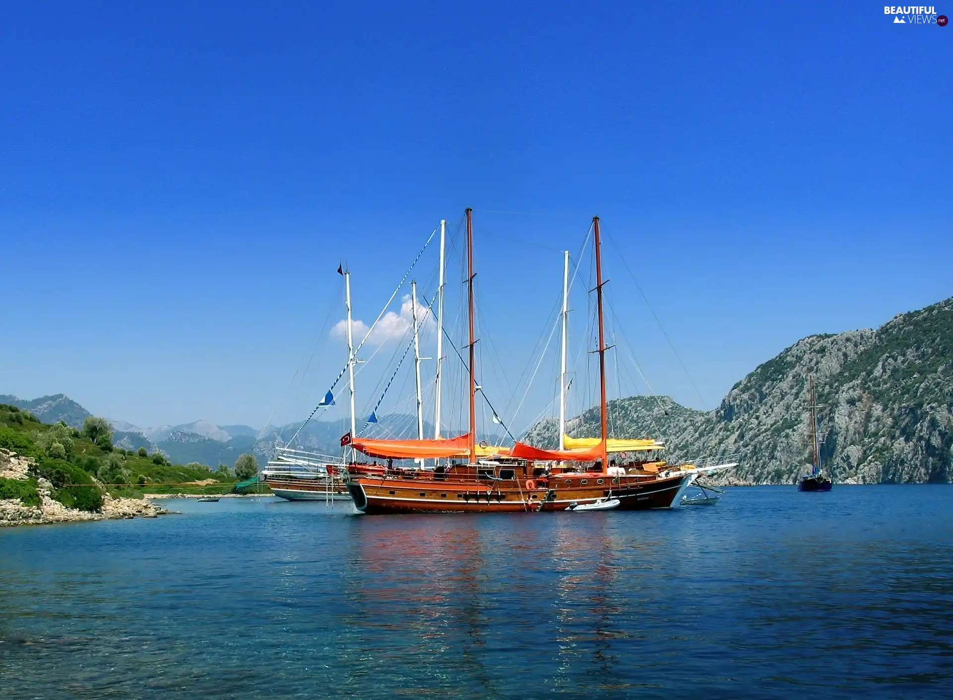 sailboats, sea, Mountains