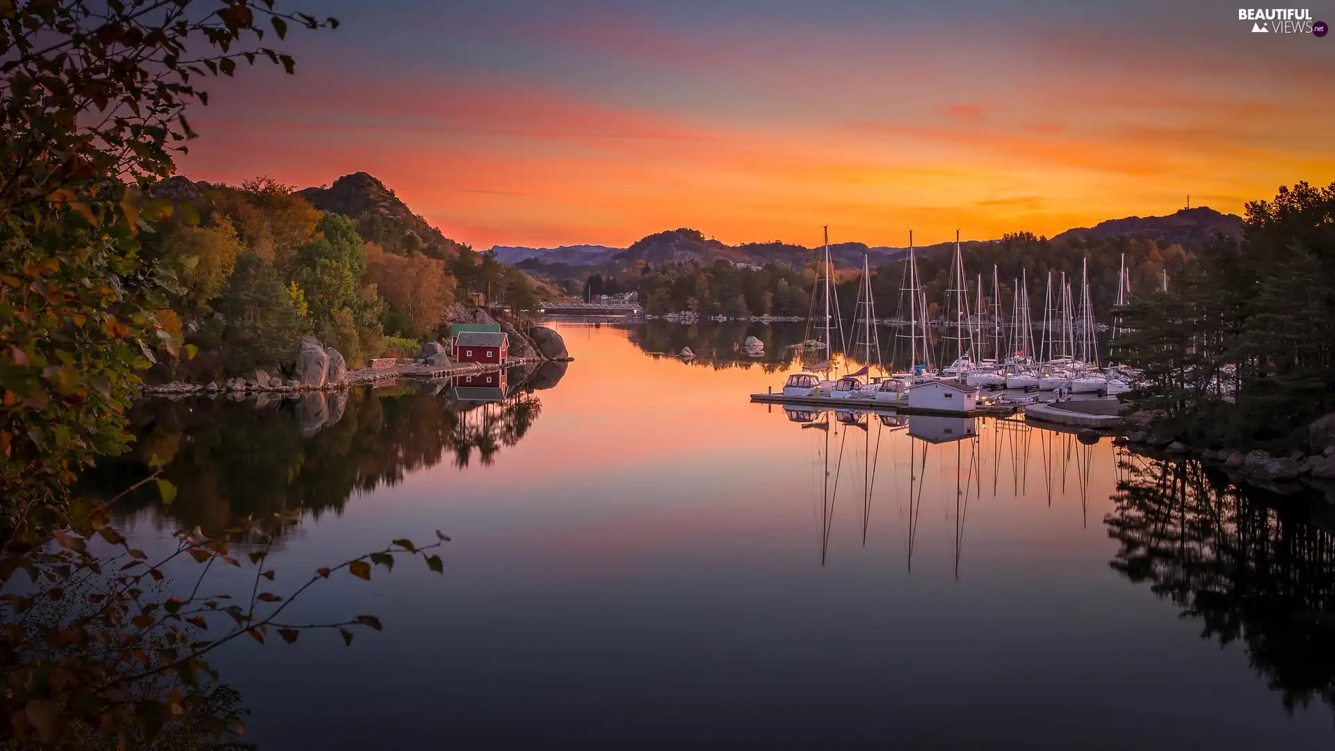 Harbour, Sailboats, River, Mountains, Sunrise