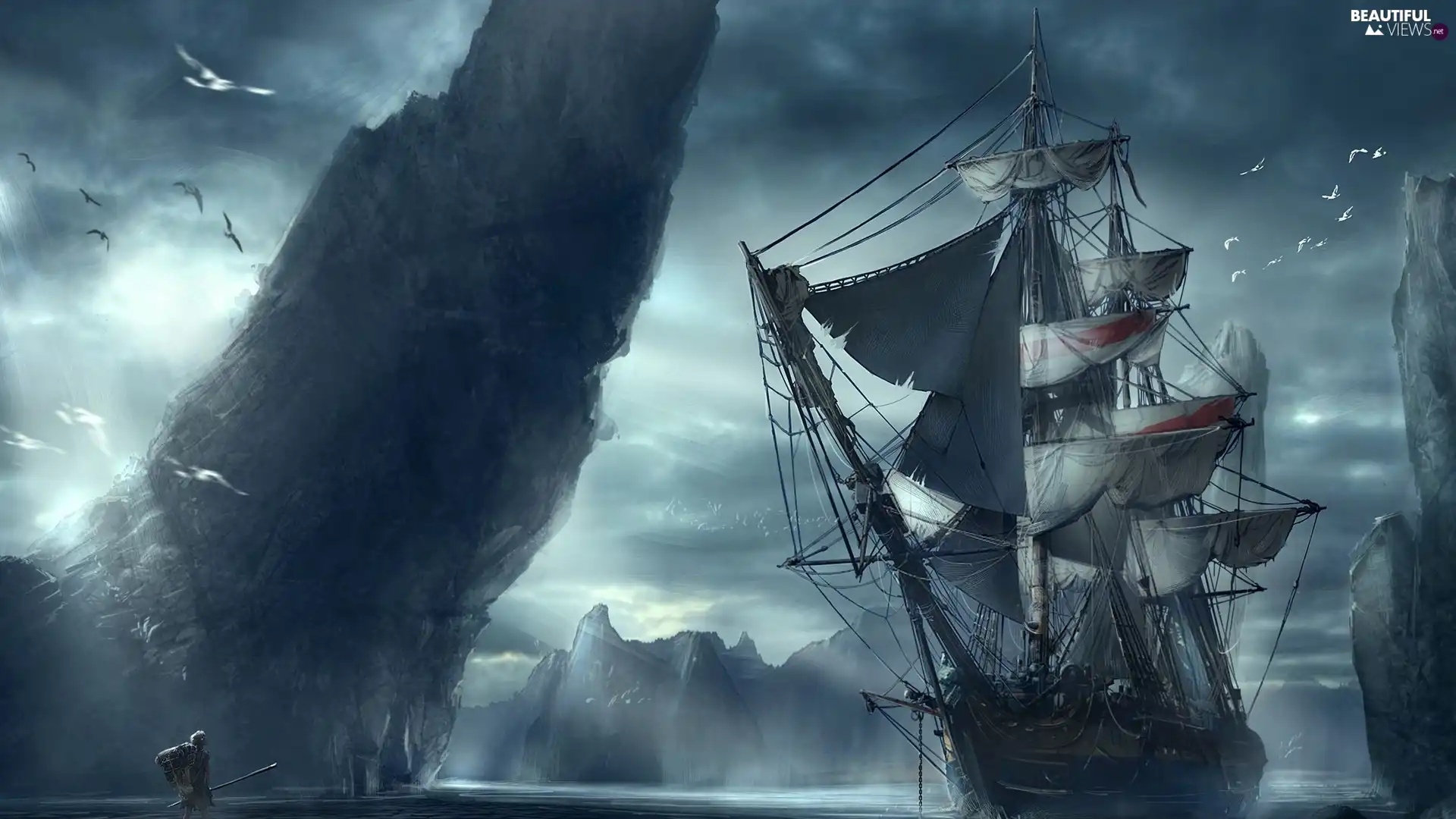 sailing vessel, wanderer, Mountains, ice, sea