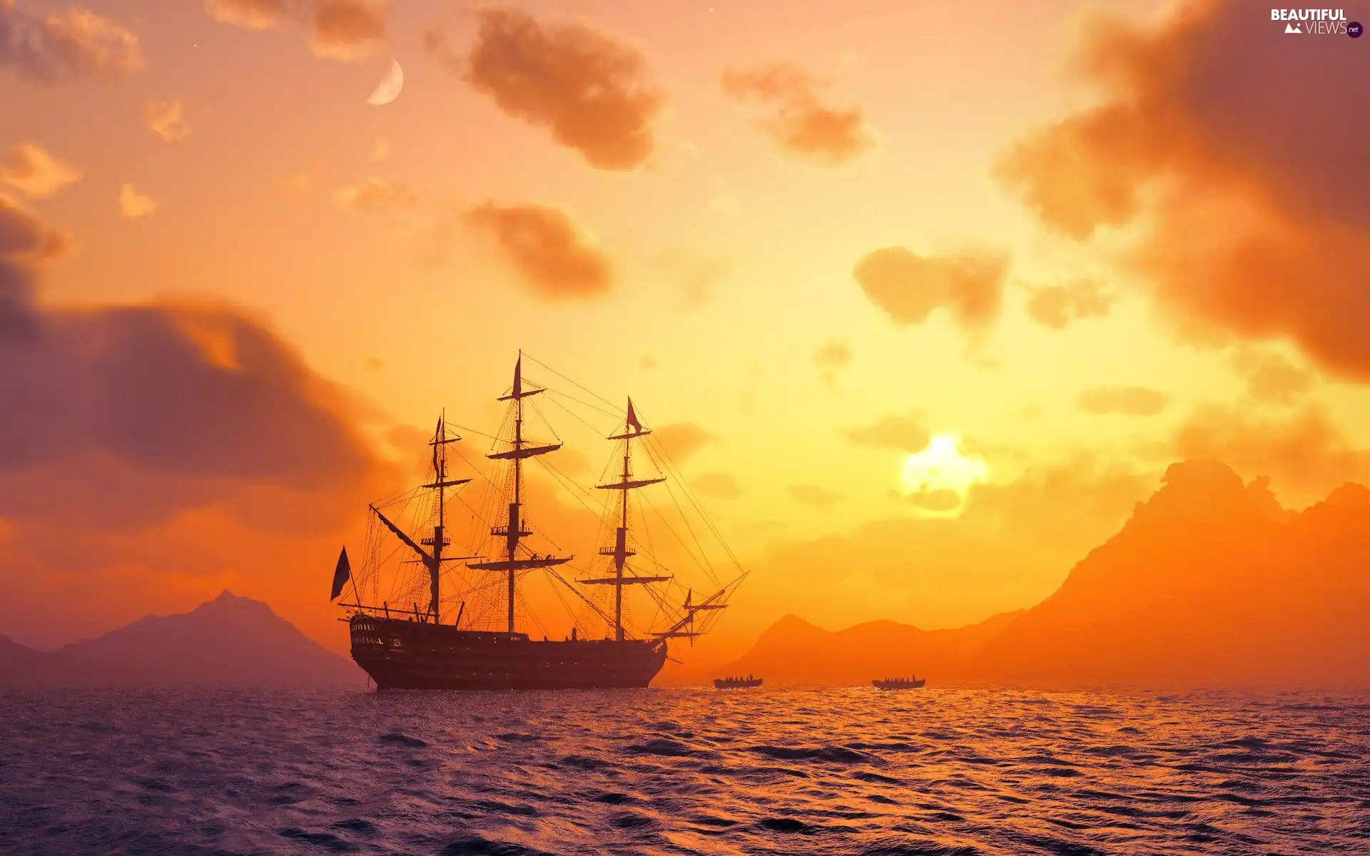 west, sea, sailing vessel, sun