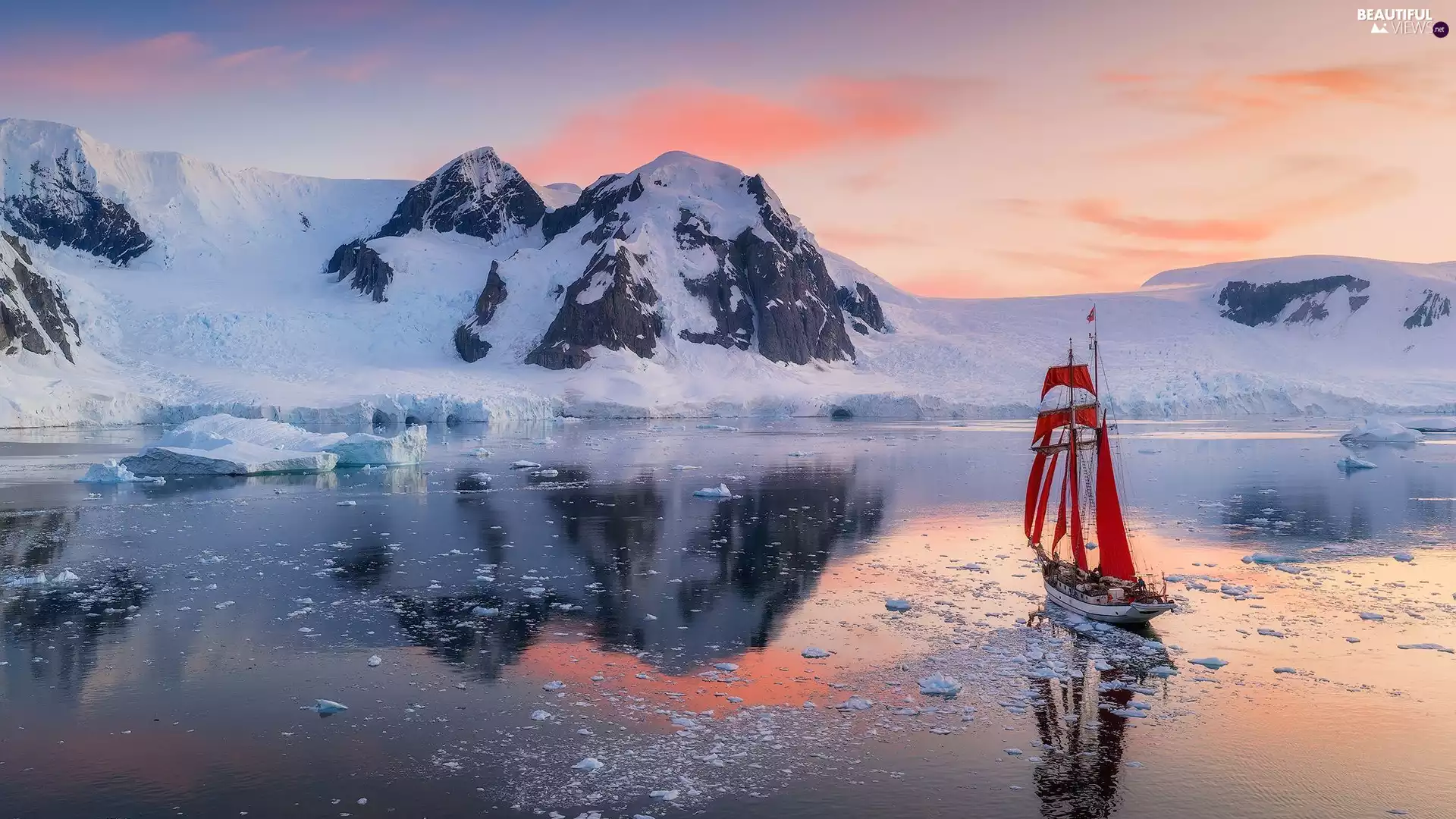 Mountains, sea, Red, sails, sailing vessel, Snowy