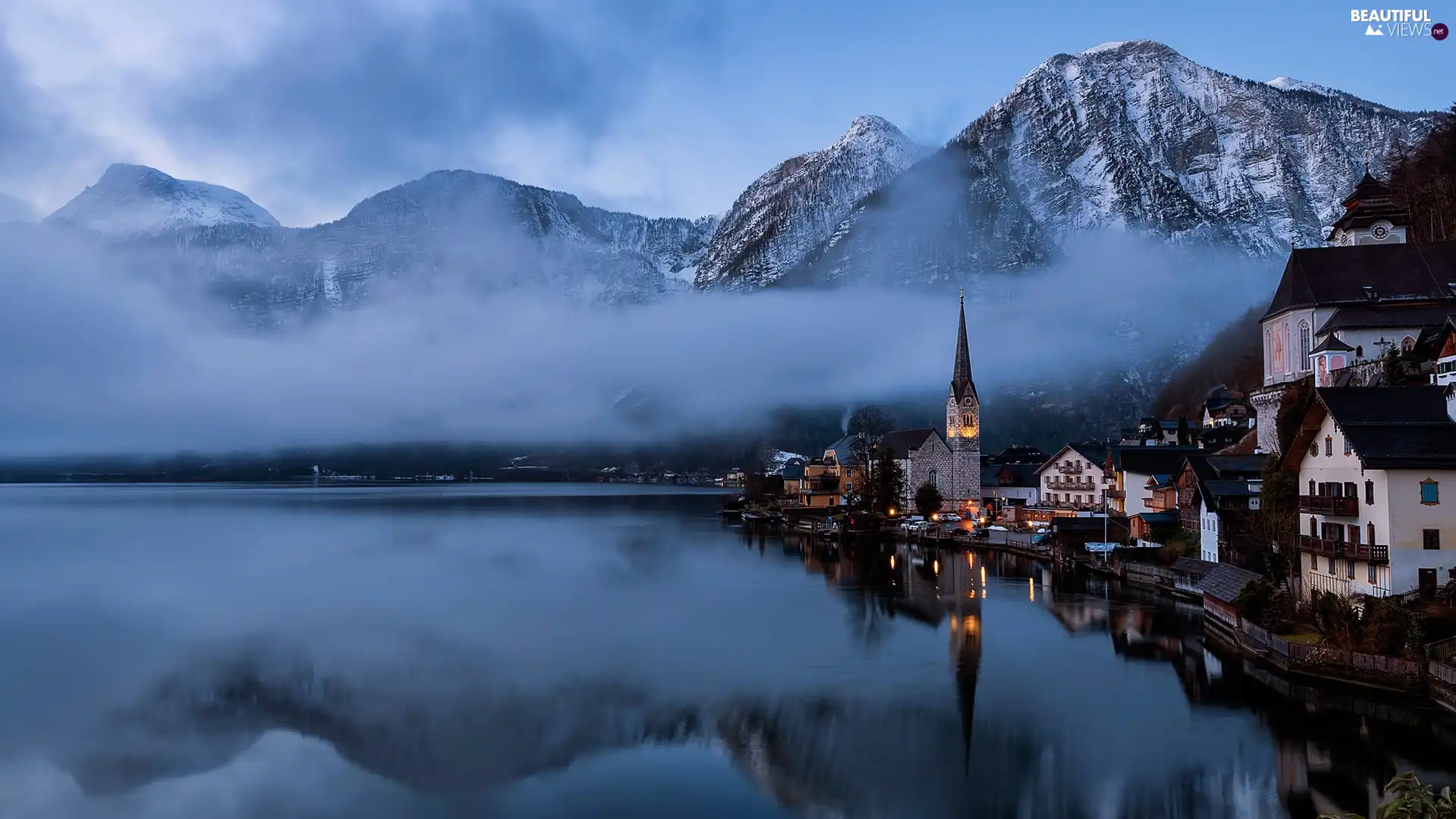 Salzburg Slate Alps, Hallstatt, Houses, Mountains, Austria, Hallstattersee Lake, Fog