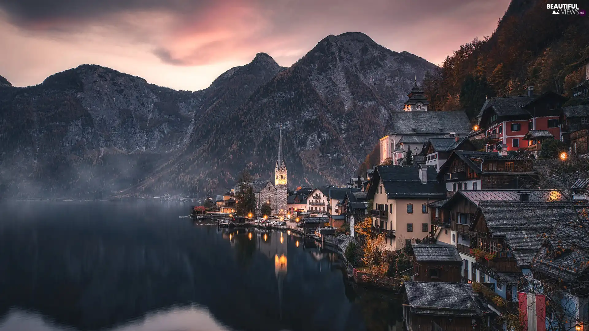 Hallstattersee Lake, Fog, Hallstatt, Houses, Austria, Salzburg Slate Alps, Mountains, Church