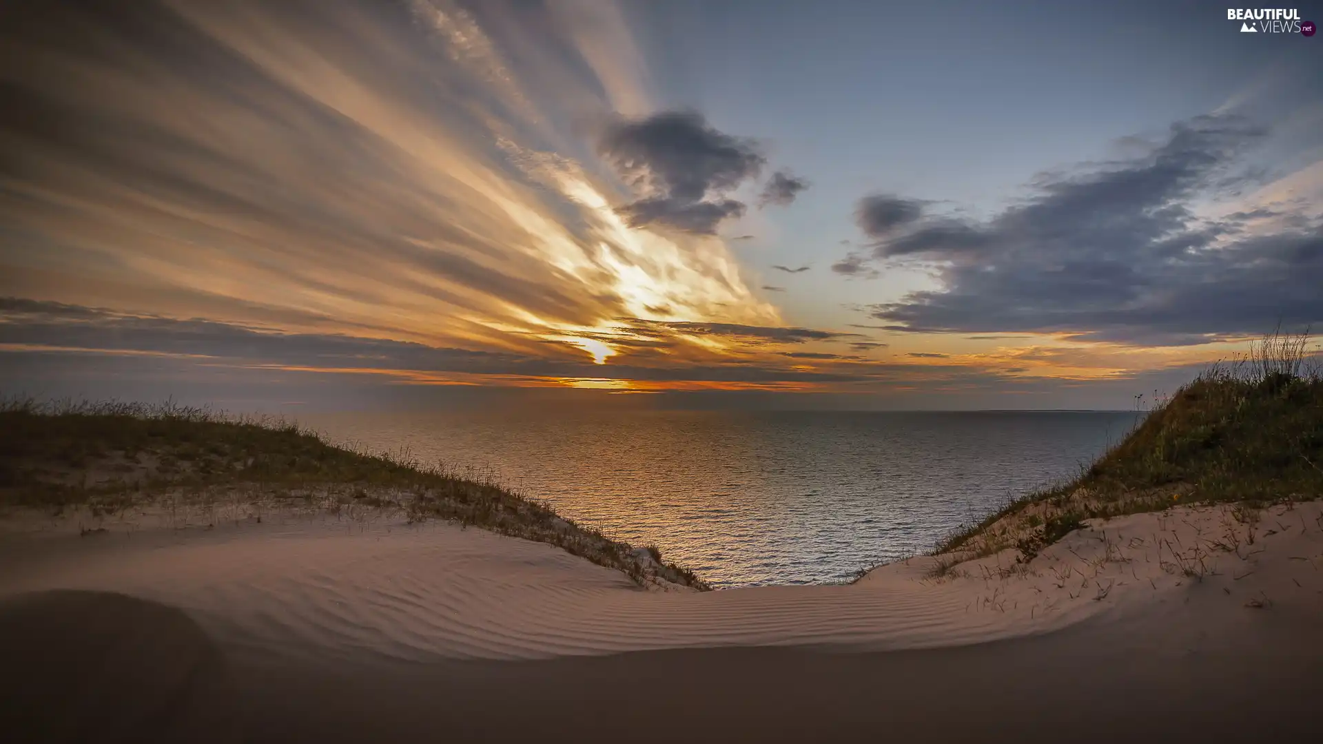 Great Sunsets, clouds, Sand, down, sea