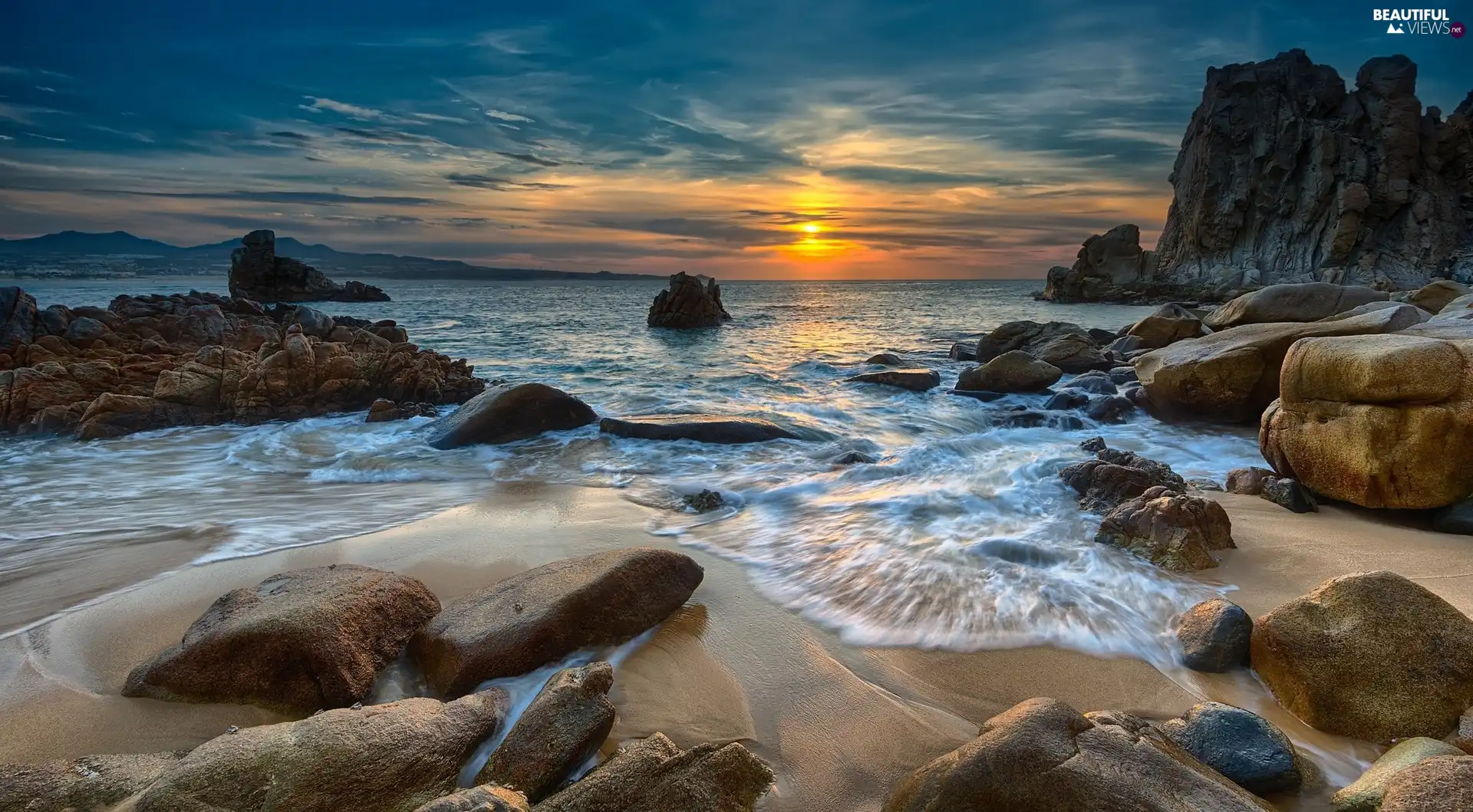 rocks, Stones, sea, Sand, Great Sunsets