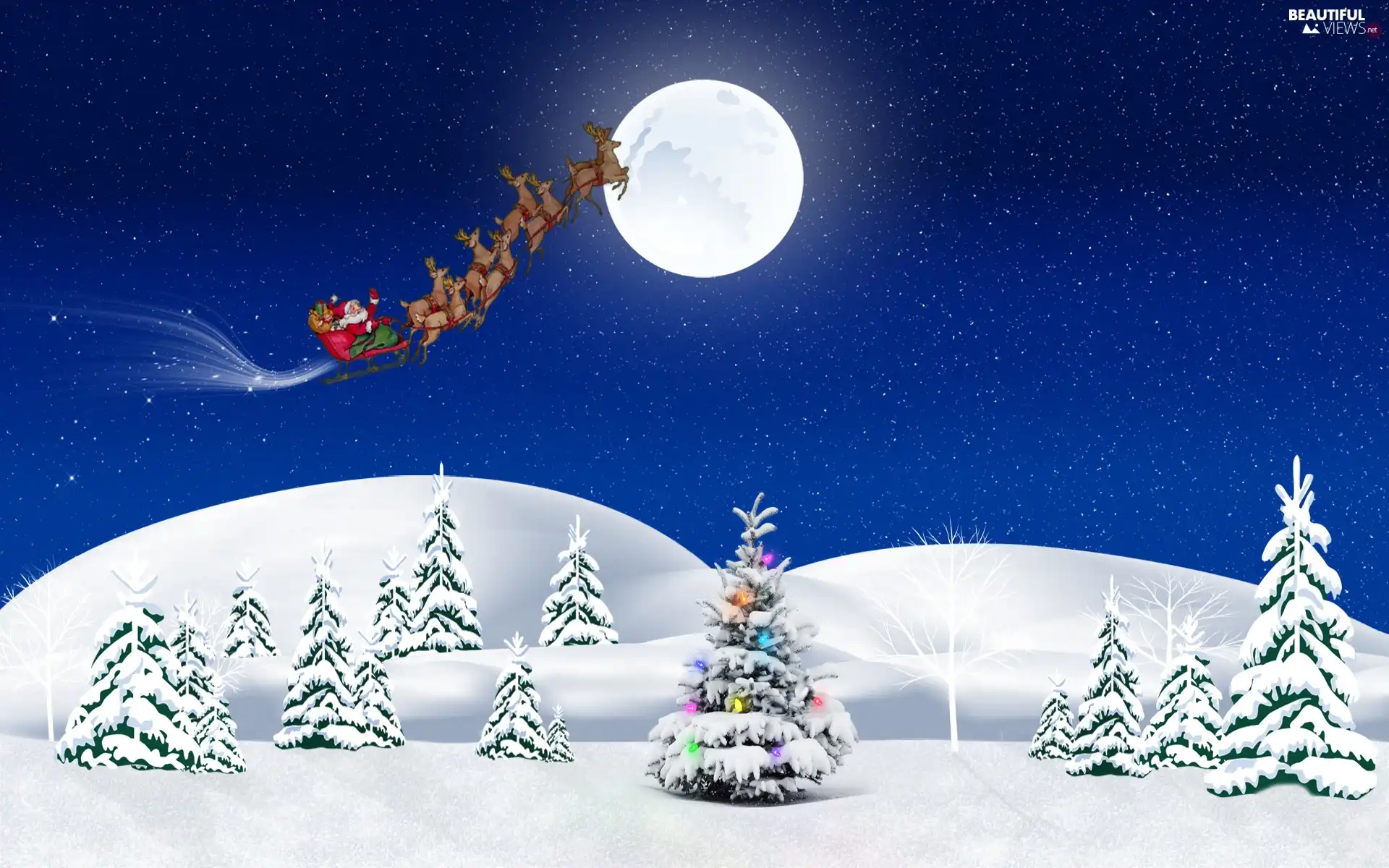 Santa, sleigh, birth, moon, God, christmas tree, Mountains, winter