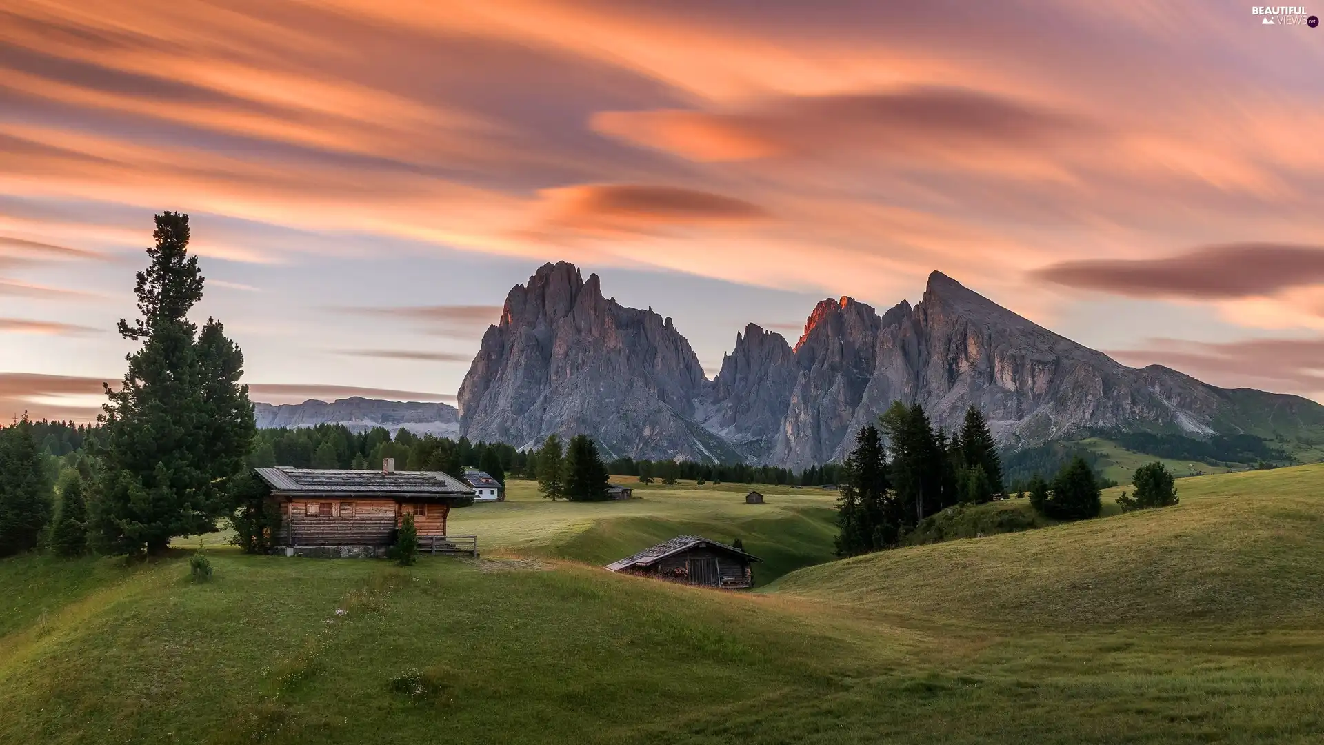 Dolomites, Italy, viewes, Great Sunsets, trees, Val Gardena Valley, Sassolungo Mountains, Houses