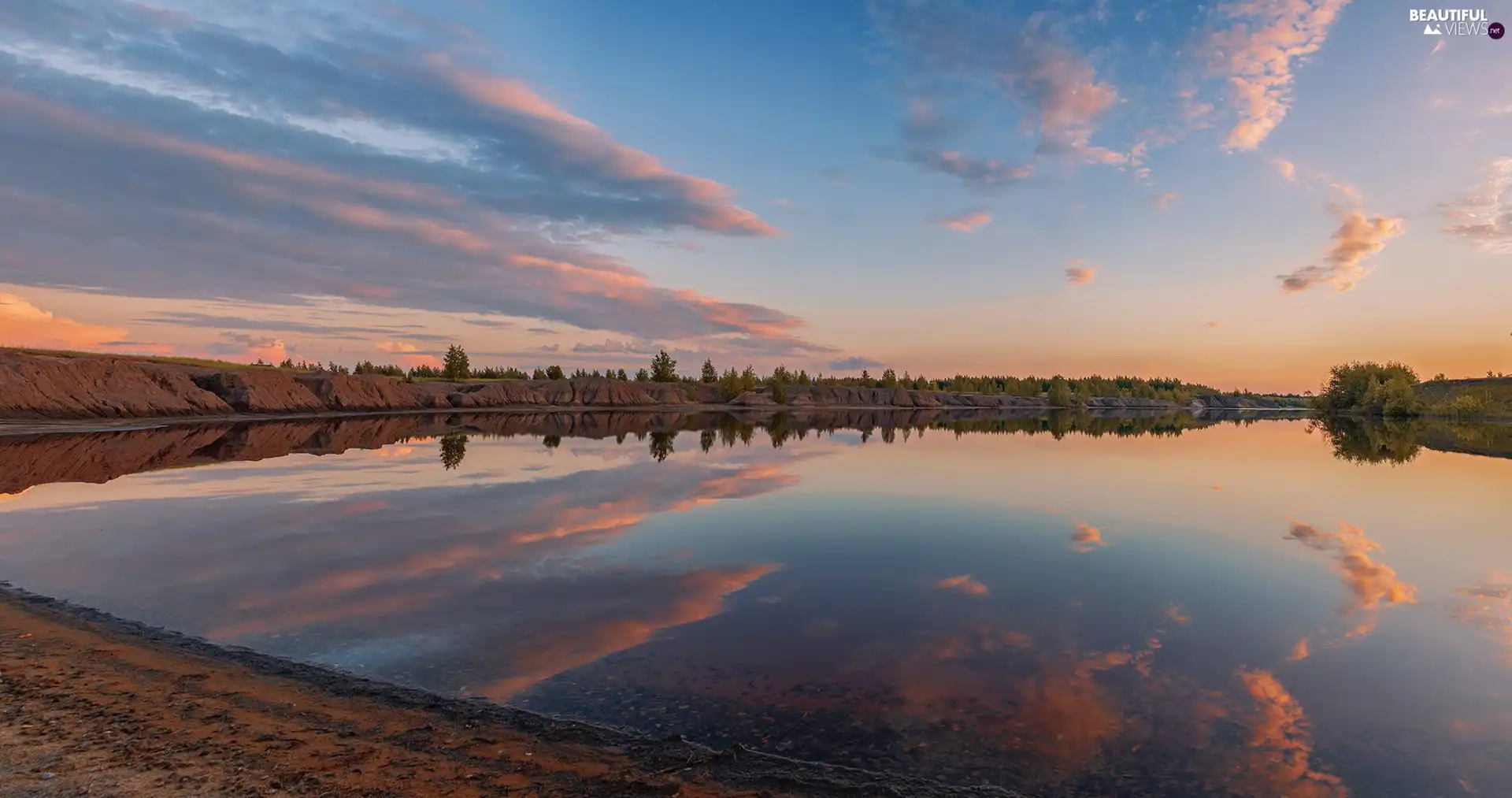 trees, lake, clouds, scarp, Sunrise, viewes, reflection