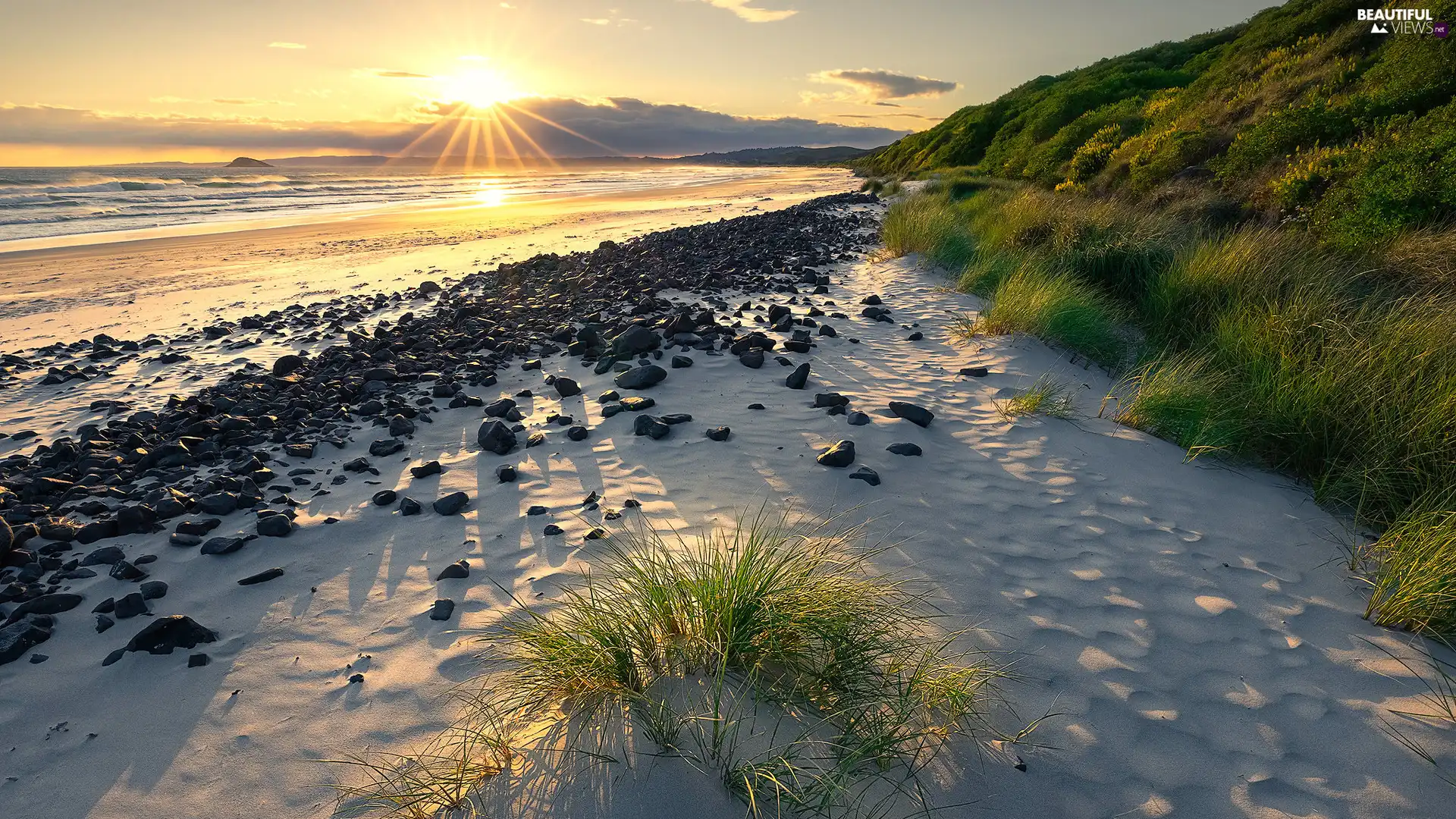 Beaches, Sunrise, grass, scarp, Stones, sea