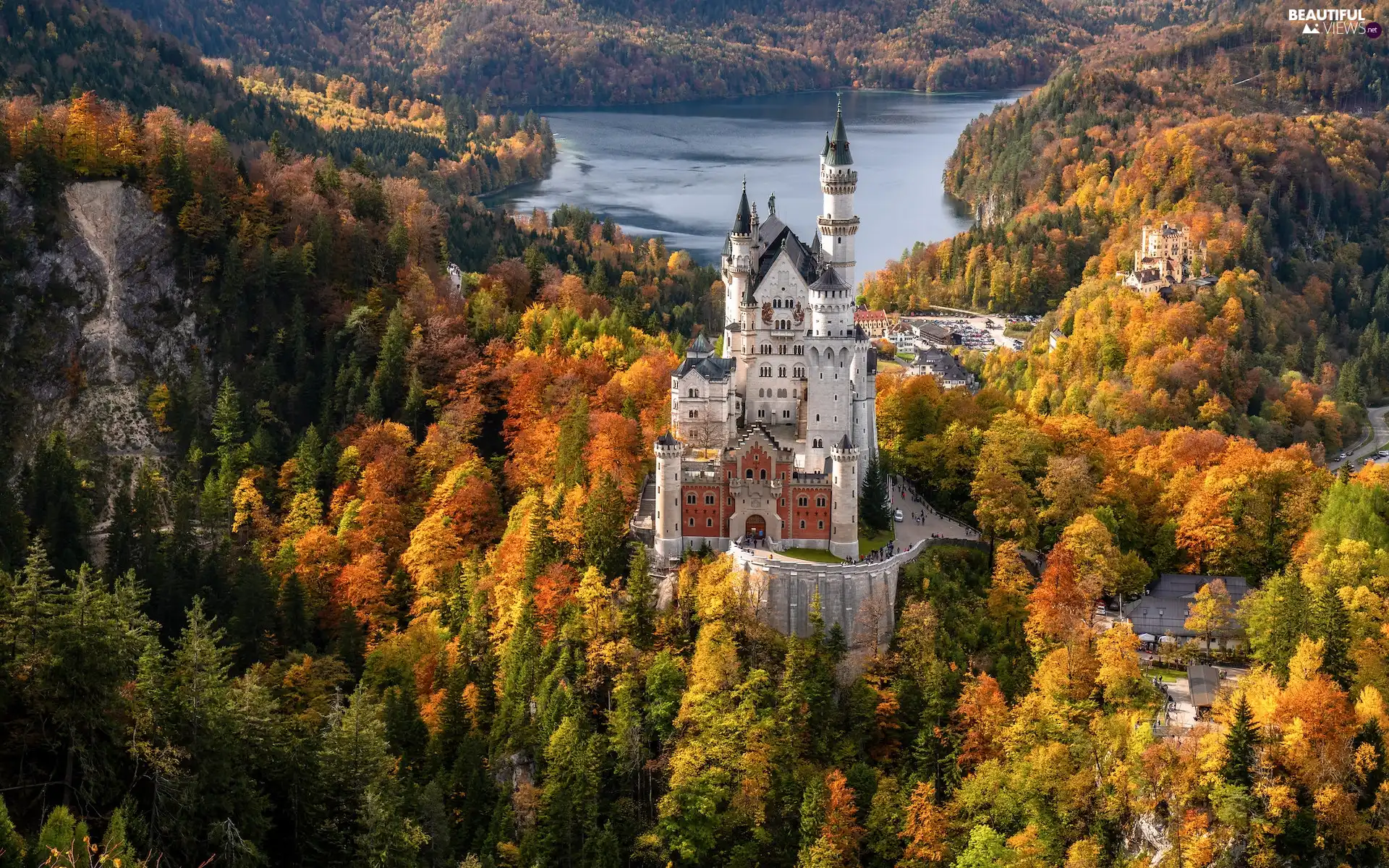 Schwangau, Neuschwanstein Castle, Lake Alpsee, autumn, viewes, Bavaria, Germany, trees