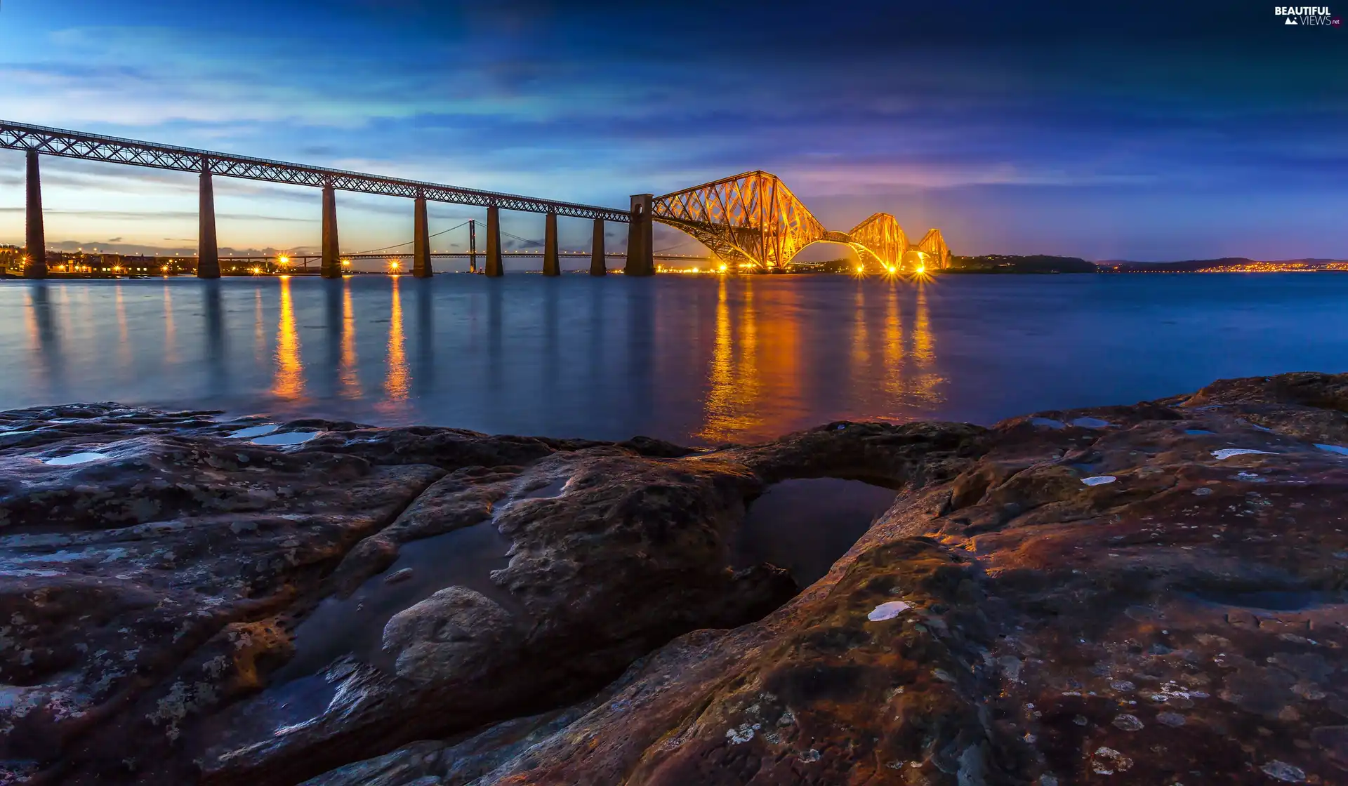 Stones, evening, Forth Bridge, Firth of Forth, Scotland