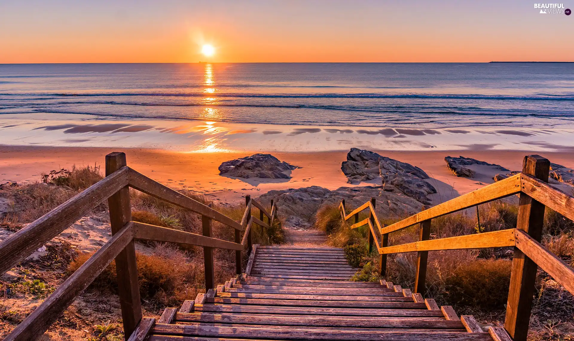 Stones, Sines City, sea, Portugal, Praia de Sao Torpes Beach, Stairs, Great Sunsets